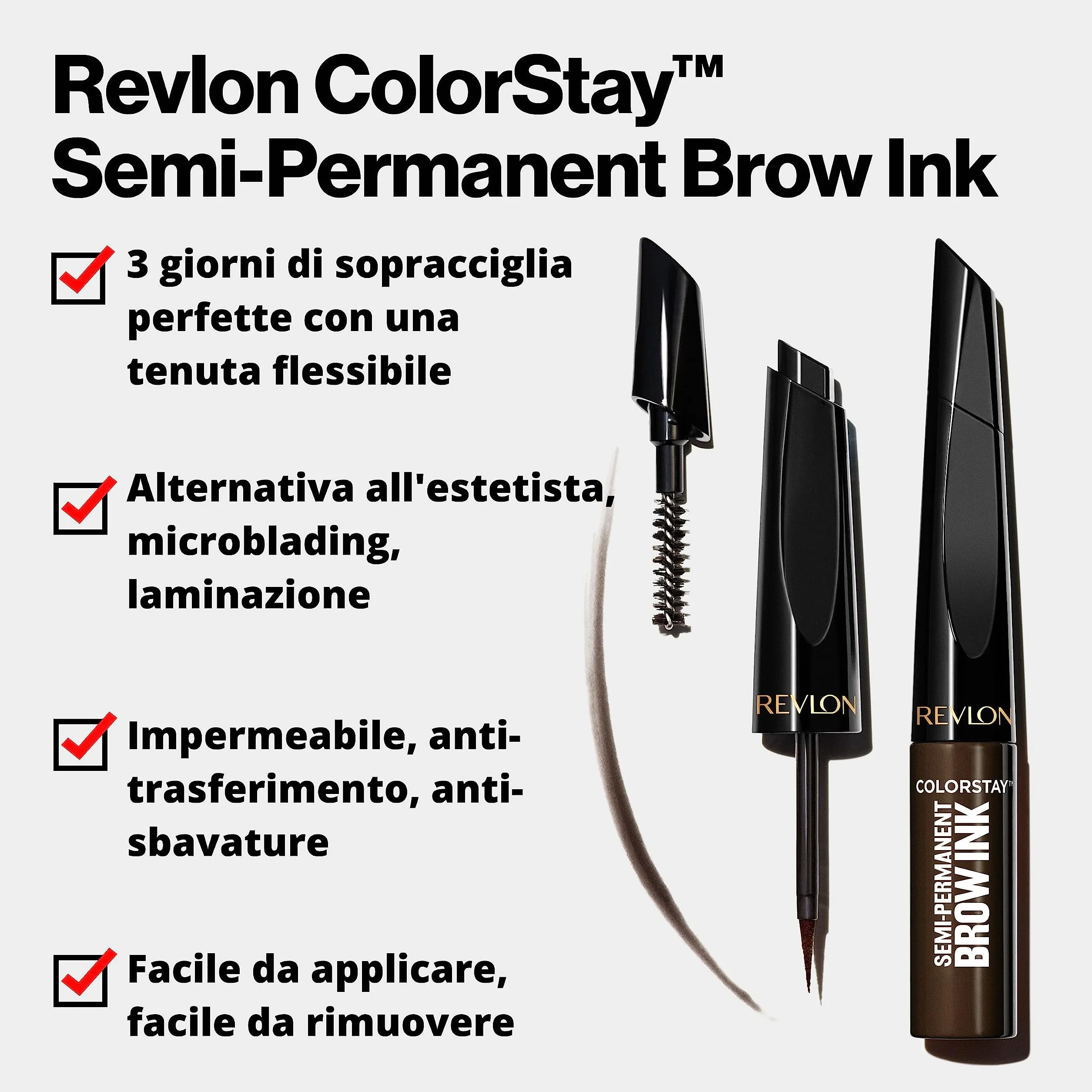 Revlon ColorStay Semi-Permanent Brow Ink, Penna/Liner Semipermanente Per Sopracciglia, Asciugatura Rapida, a Lunga Durata, Waterproof, 355 Dark Brown Ink - 0.09 ml