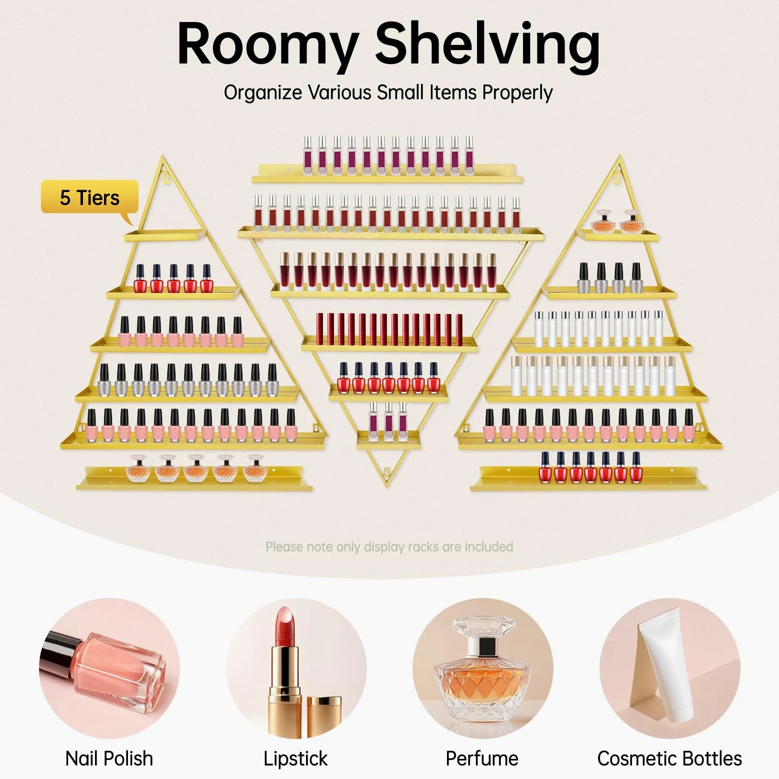 Set di 3 scaffali per smalti a 5 ripiani, scaffalature per smalti da parete, supporto per rossetto, organizzatore per smalto oli essenziali, rossetto, oro