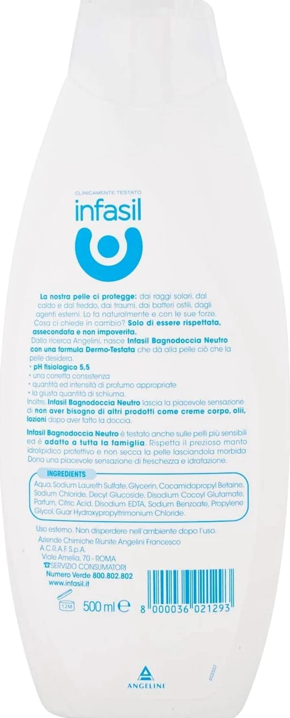 12x Infasil Bagnodoccia Neutro Delicato, Clinicamente Testato e Delicato sulla Pelle, Bagnoschiuma 500ml + Portachiavi Beni Culinari in Omaggio