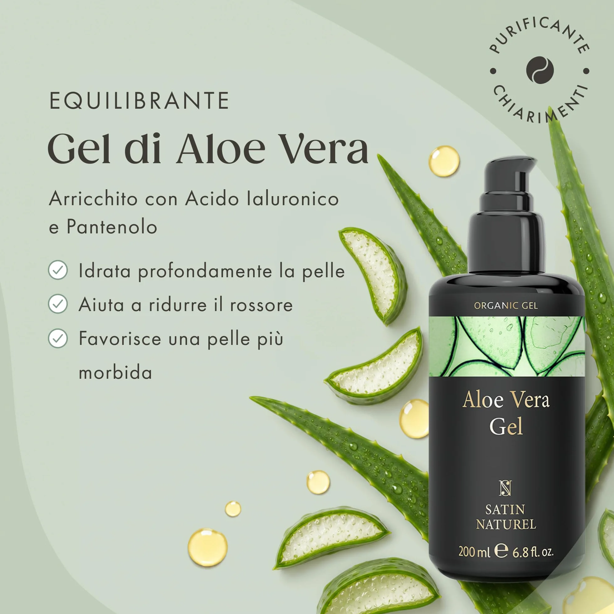 Satin Naturel Gel Aloe Vera Bio 200 ml – 100% Vegano & Cosmetica Naturale – Gel di Aloe Vera Concentrato – Con Acido Ialuronico & Pantenolo – After Sun per Viso, Corpo e Capelli