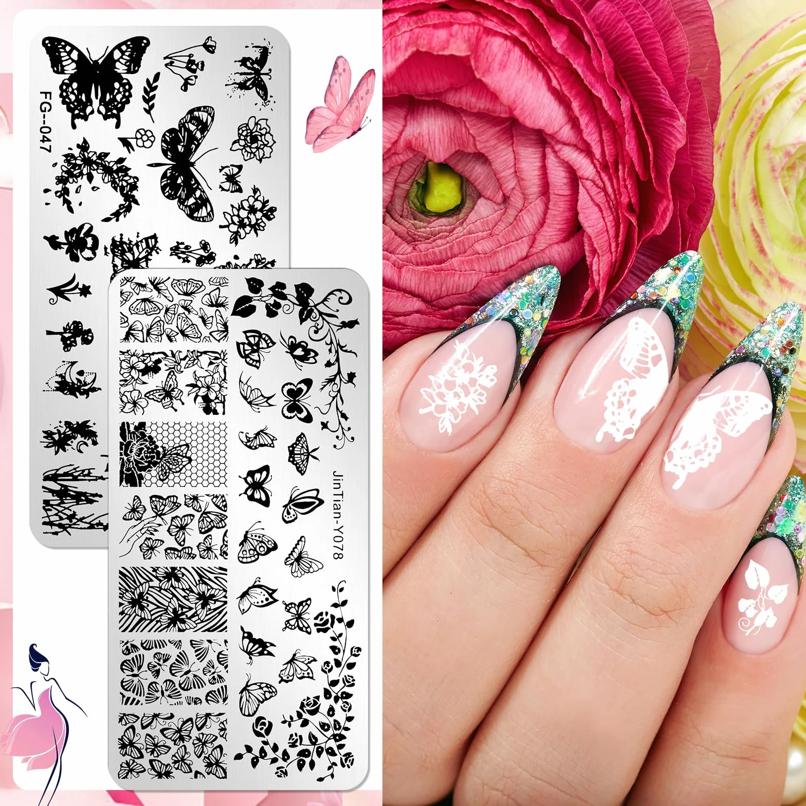 JSRQT 6 Pezzi Piastre per Nail Art, Farfalla Fiore Piuma Foglie Set di Nail Art Stamping Stampini, Piastre per Nail Art in Metallo, Modelli di Stencil per Unghie per Donne Manicure Art Fai da Te
