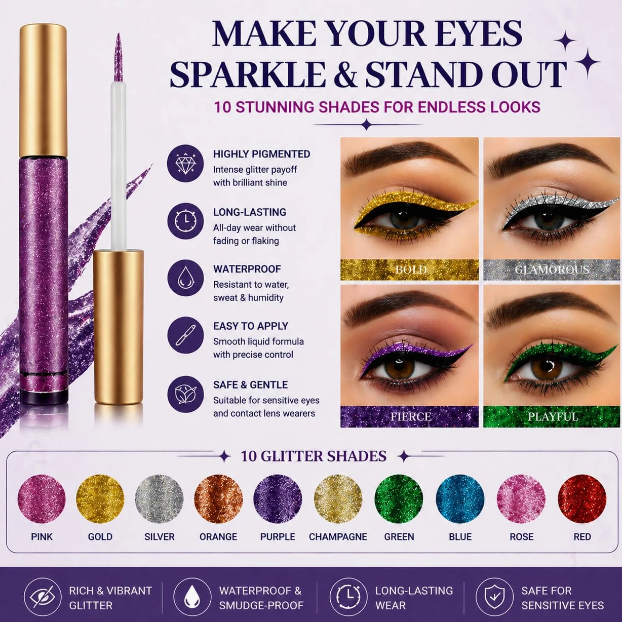 BestLand 10 colori Liquid Glitter Eyeliner Set Metallico Shimmer Glitter Ombretto Pigmento Sopracciglio Shimmer Arancione Oro Verde Impermeabile Colorato Eye Liner