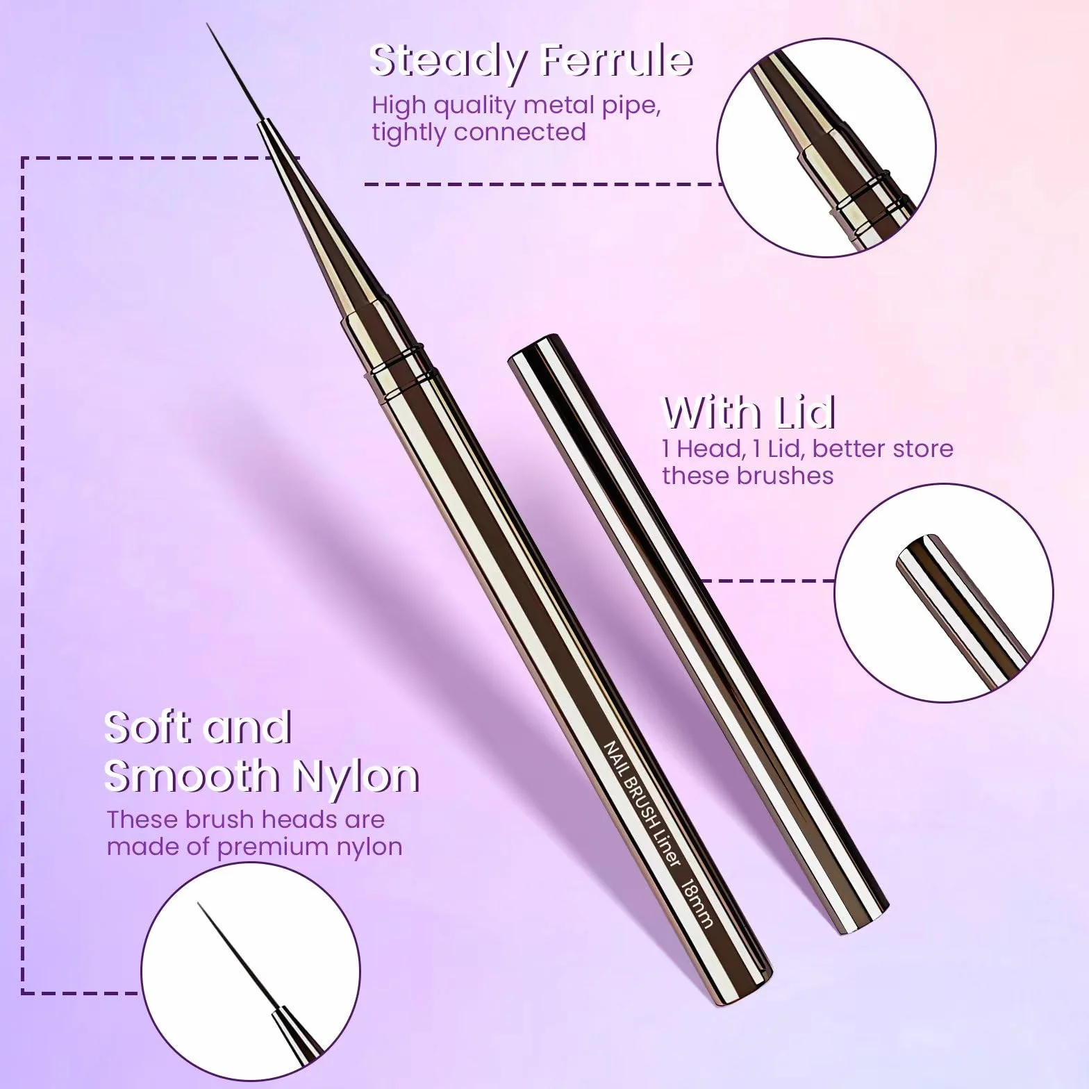 Lokaloka 6/9/12/15/18mm Pennelli Unghie Gel Sottile Nail Art Professionali con Tappo, 5 Pezzi Pennello French Penna Pennellino Set per Ricostruzione Acrigel Semipermanente