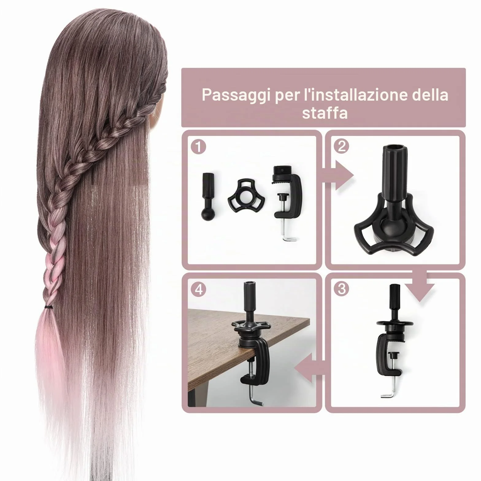 Testa di Formazione per Parrucchieri in Fibra Sintetica 26-28 Pollici Rosa Sfumato
