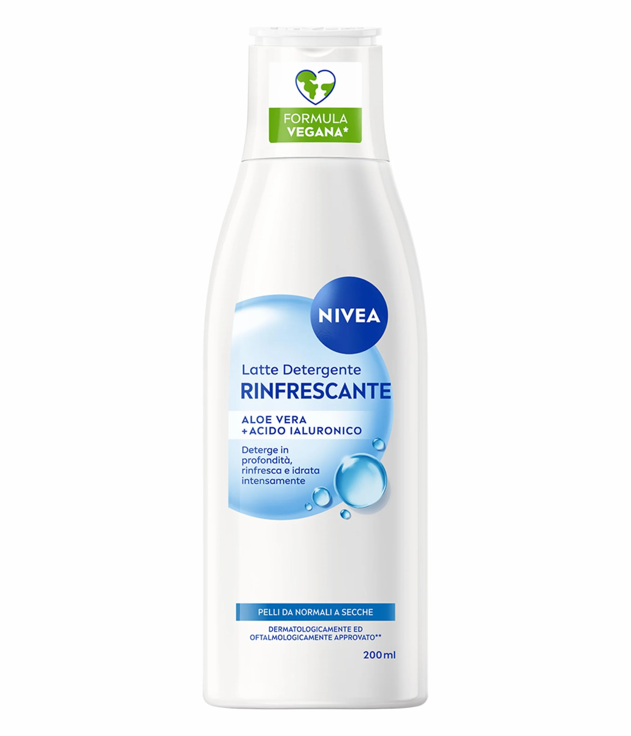 NIVEA Latte Detergente Rinfrescante 200 ml, Detergente viso idratante e lenitivo, Cleanser struccante con Aloe Vera e Acido Ialuronico, Rimuove trucco waterproof, Skincare per pelle da normale a secca