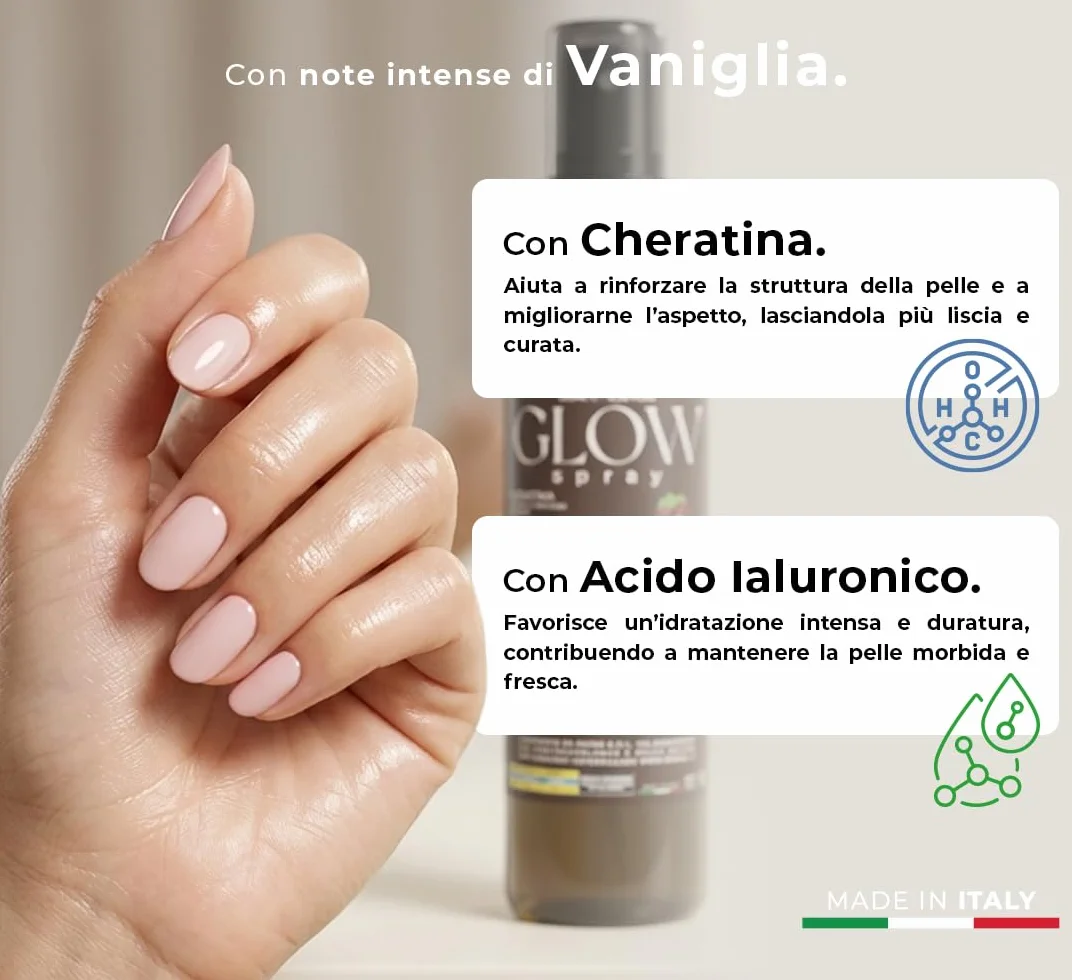 Benail | Glow Spray Idratante Mani e Unghie con Acido Ialuronico e Cheratina, crema mani antiage, Trattamento Cuticole Profumato, lentivo, idratante con Asciugatura Rapida, Made in Italy