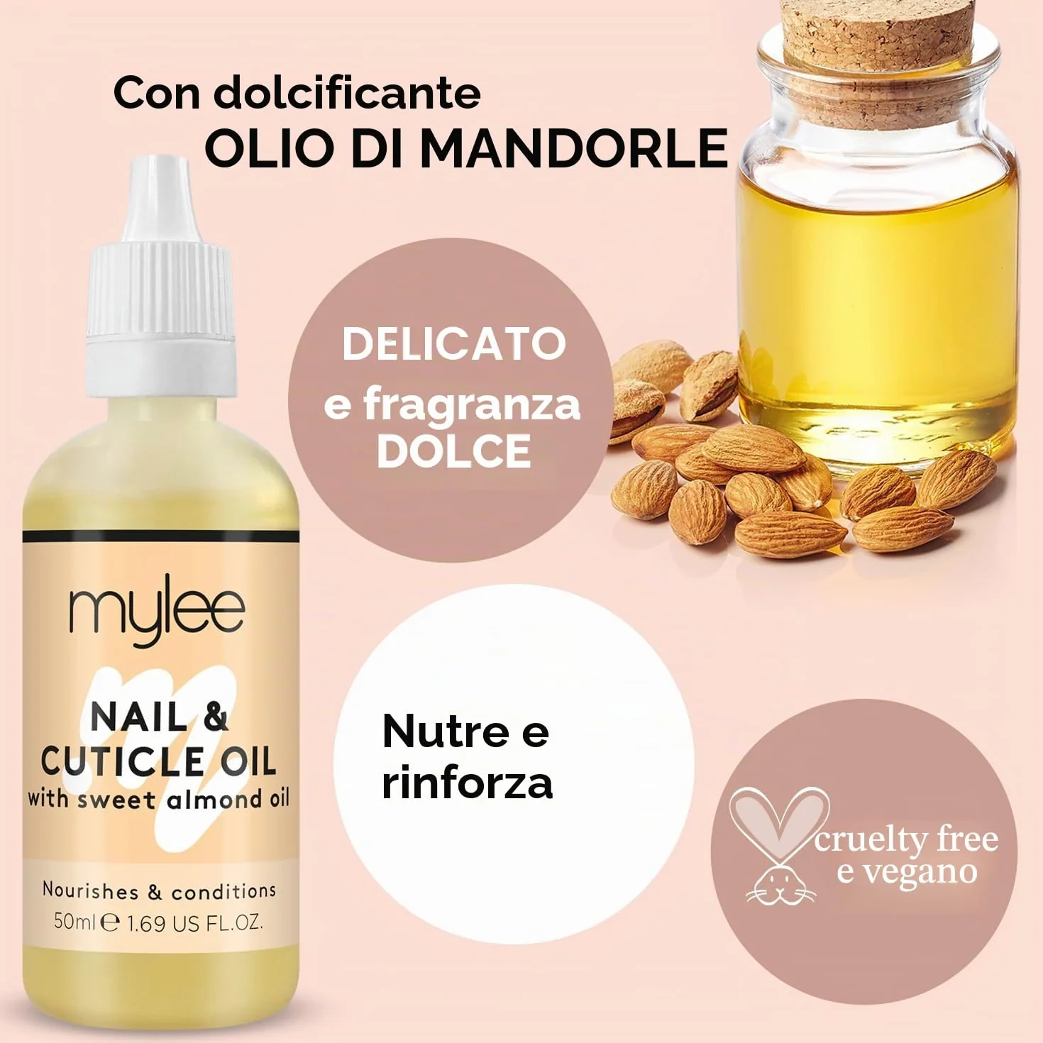 Mylee Olio per Unghie e Cuticole alle Mandorle Dolci 50ml – Olio Balsamo Profondamente Idratante e Nutriente, Formula non Grassa e Senza Residui, Non Unge, Delicatamente Profumato