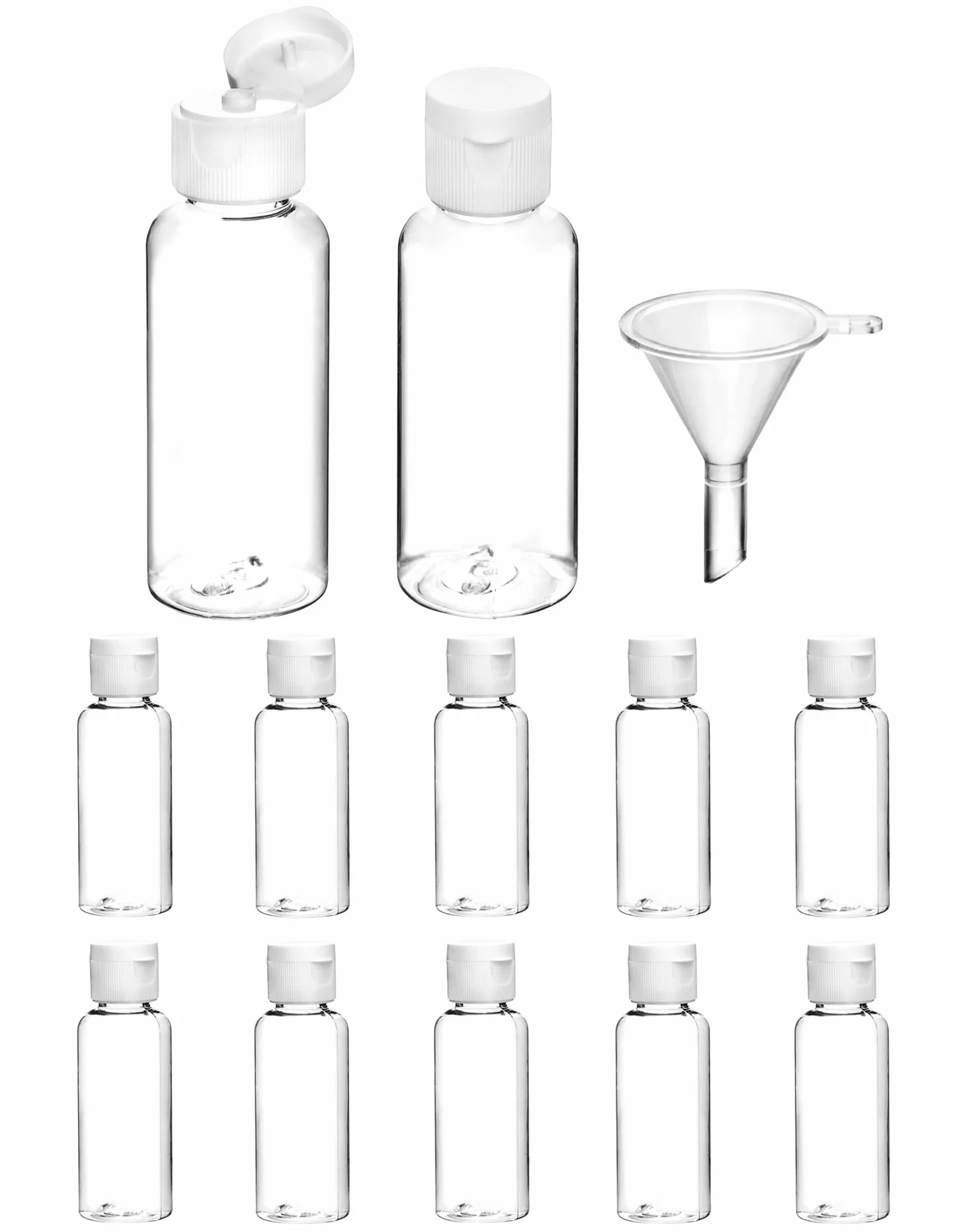 QWORK® 12 Pezzi Bottiglie Da Viaggio Da 50 Ml, Flaconi Da Viaggio Per Articoli Da Toeletta, Trasparenti, Con Imbuto Piccolo Per Shampoo, Gel Doccia, Lozione, Struccante