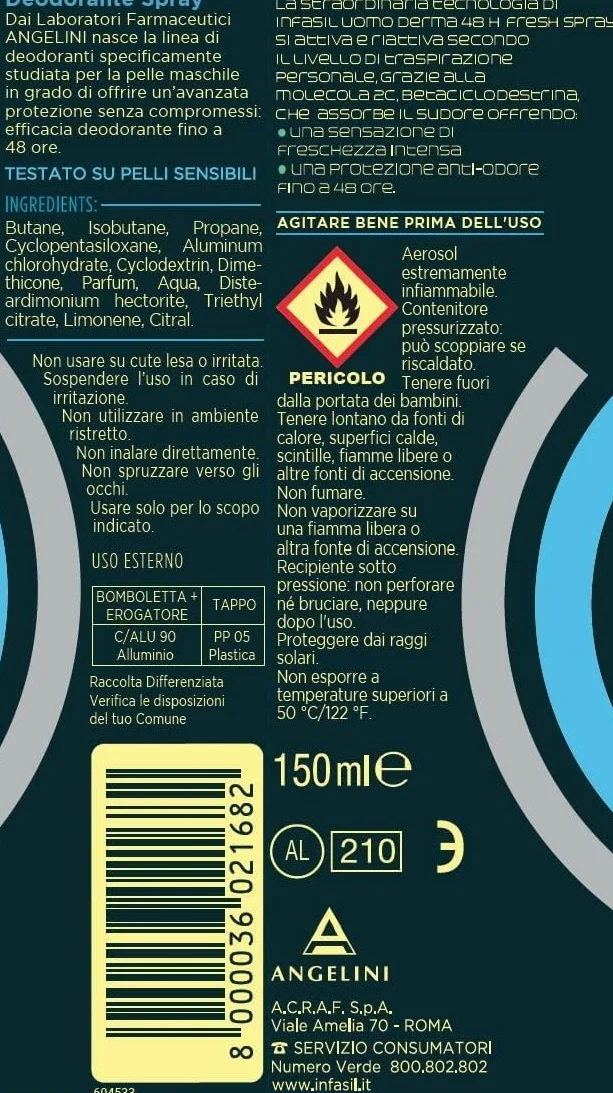 12x Infasil Deodorante Spray Uomo Derma 48h Fresh con Molecola 2C,Freschezza Intensa, Deo 150ml + Portachiavi Beni Culinari in Omaggio