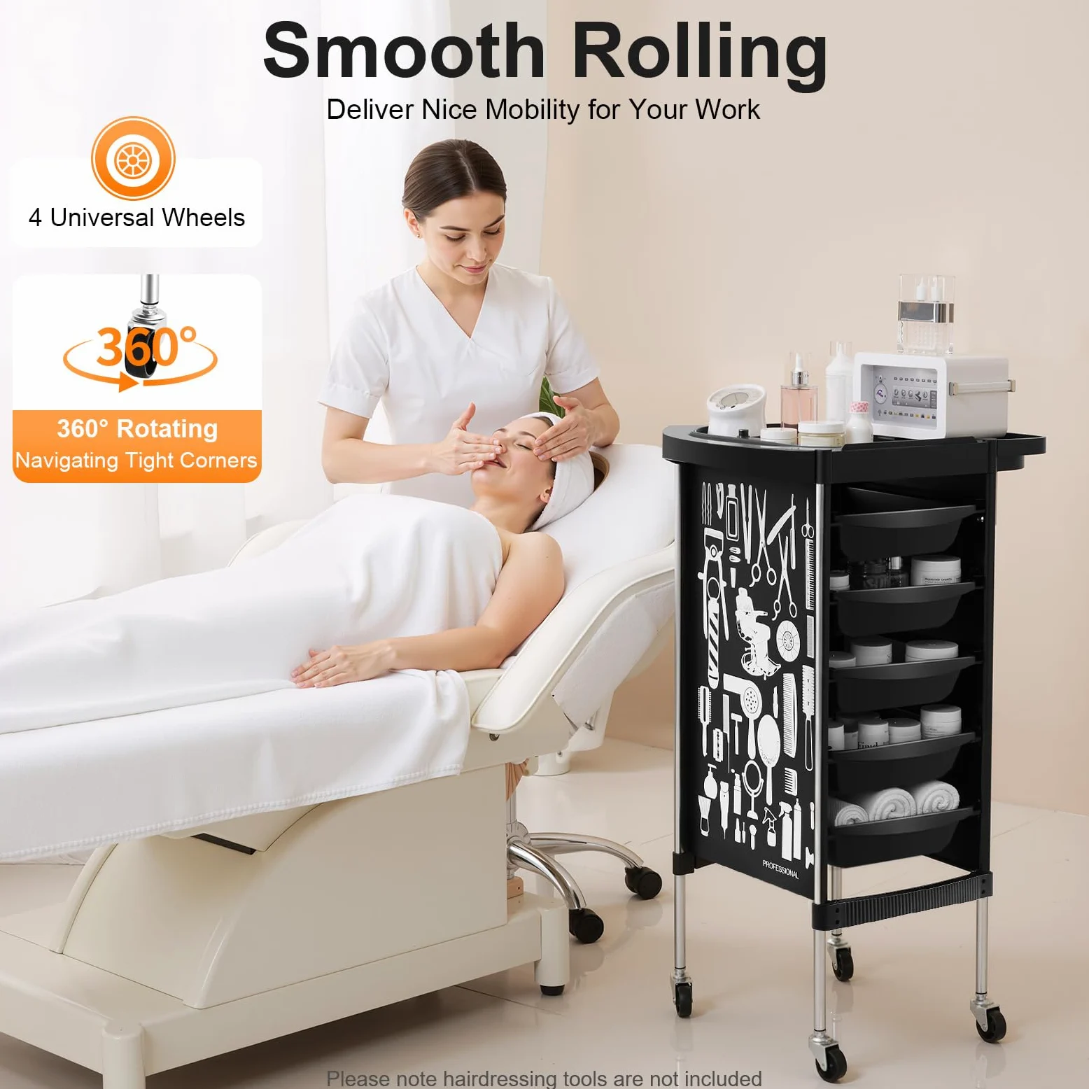 Carrello da parrucchiere con 5 cassetti, pieghevole, per salone e salone di unghie, in materiale PP, portata 80 kg, 36 x 90 cm, colore nero