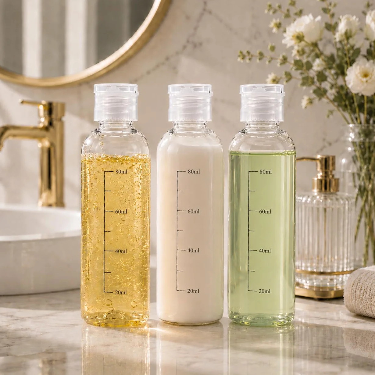 Bottiglie da viaggio 100ml,5 PCS flaconi da viaggio vuoti trasparenti per aereo,Kit Contenitori Viaggio Liquidi in plastica, flacone trasparente per shampo ，lozione， tonico viso, gel,Olio solare