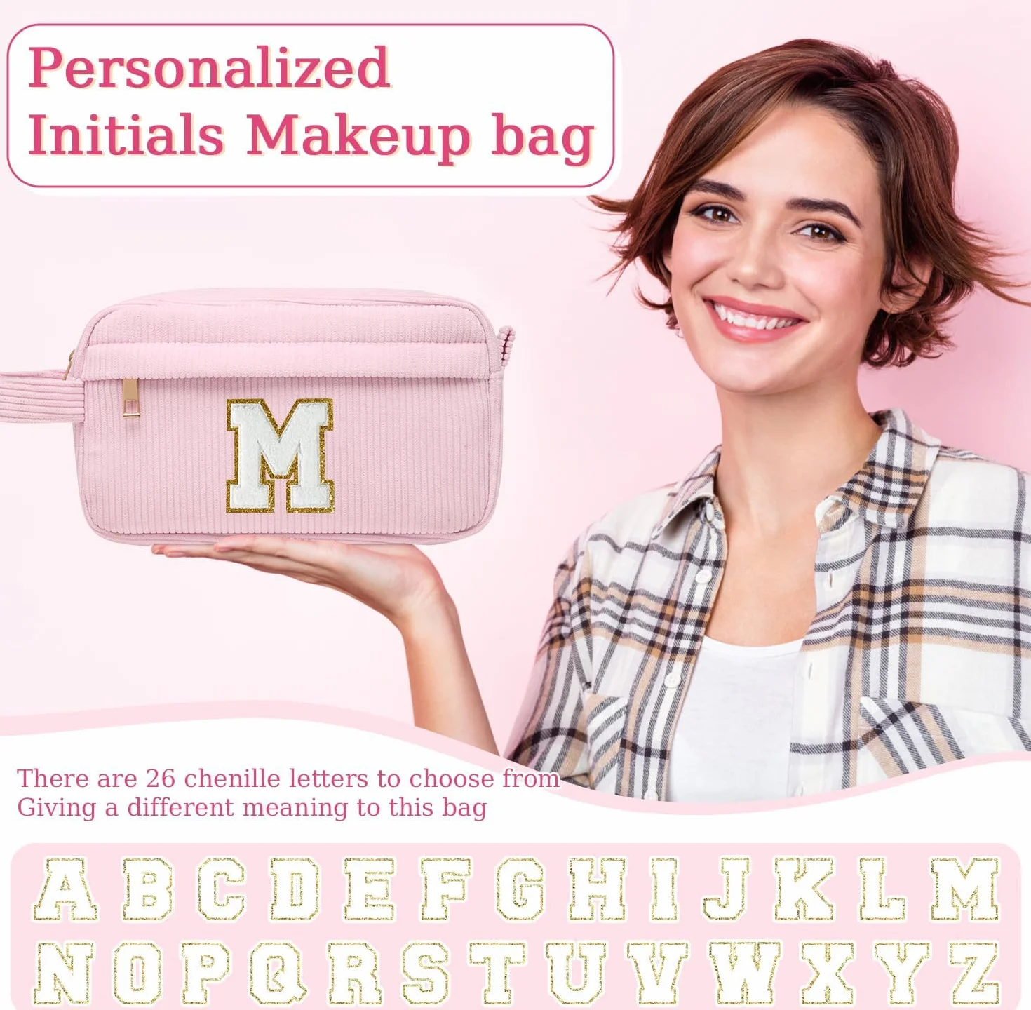 Personalizzata Iniziale Borsa per Cosmetici per Donna, Pochette Trucchi Viaggio con Tasca Interna, Trousse Trucchi Organizer Cosmetici Rosa