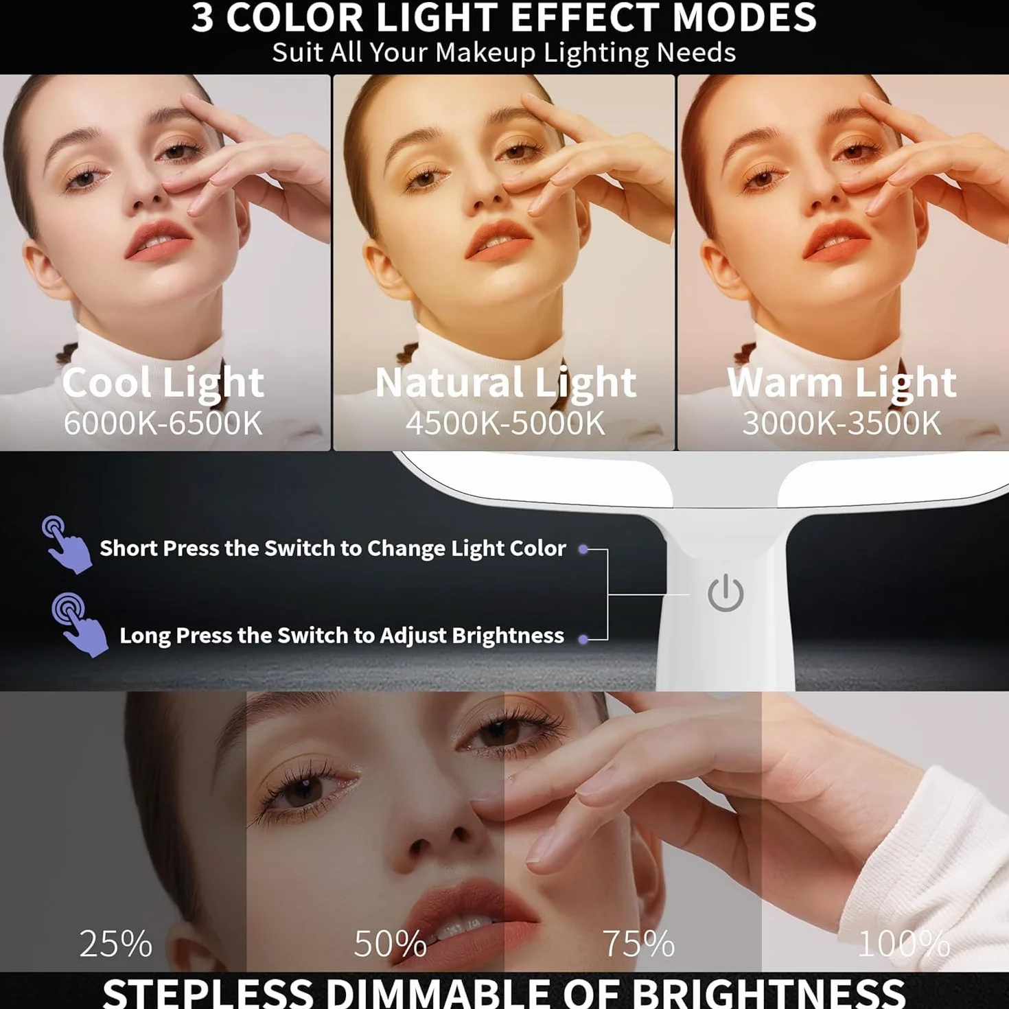 Auxmir Specchio a Mano LED, Specchio Trucco con Luci, 50 LED e 3 Colori di Luci, Luminosità Regaolabile, Controllo Tatile, Specchio Portatile con Maniglia Comoda per Salone, Parrucchiere, Barbiere