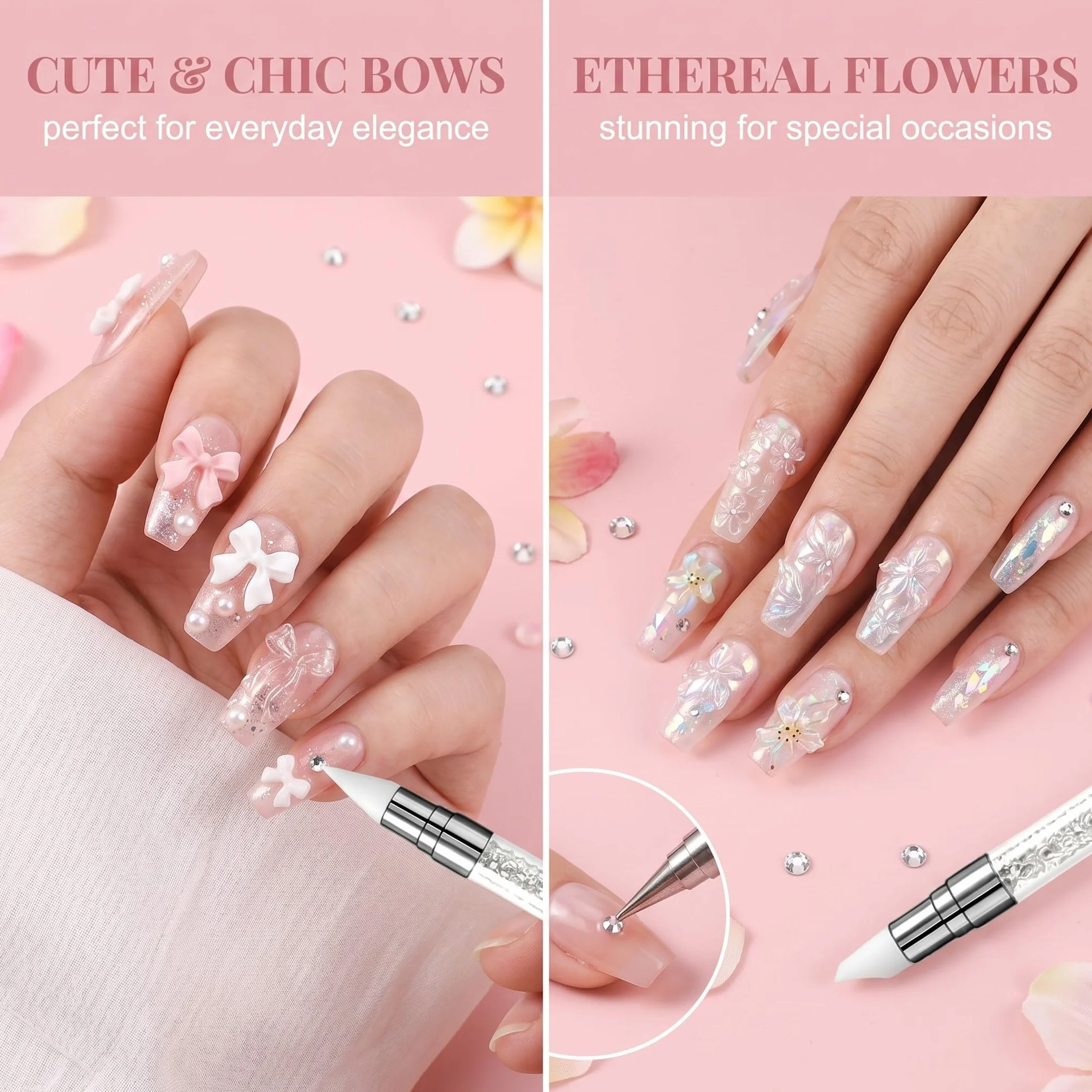 2 Pezzi Stampi per Unghie in Silicone 3D con Penna, Formine per Decorazioni Nail Art a Forma di Fiori e Fiocchi, Stampo Trasparente per Manicure Fai da Te, Accessori Professionali per Unghie