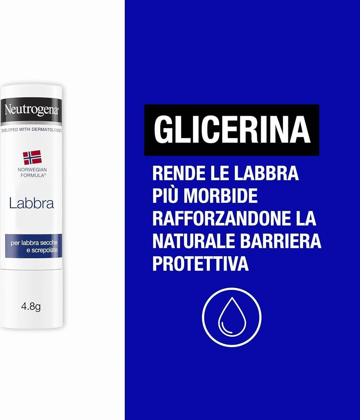 Neutrogena Formula Norvegese Balsamo Labbra Stick 4.8 g, Burrocacao protettivo per labbra secche, Idratante con Glicerina