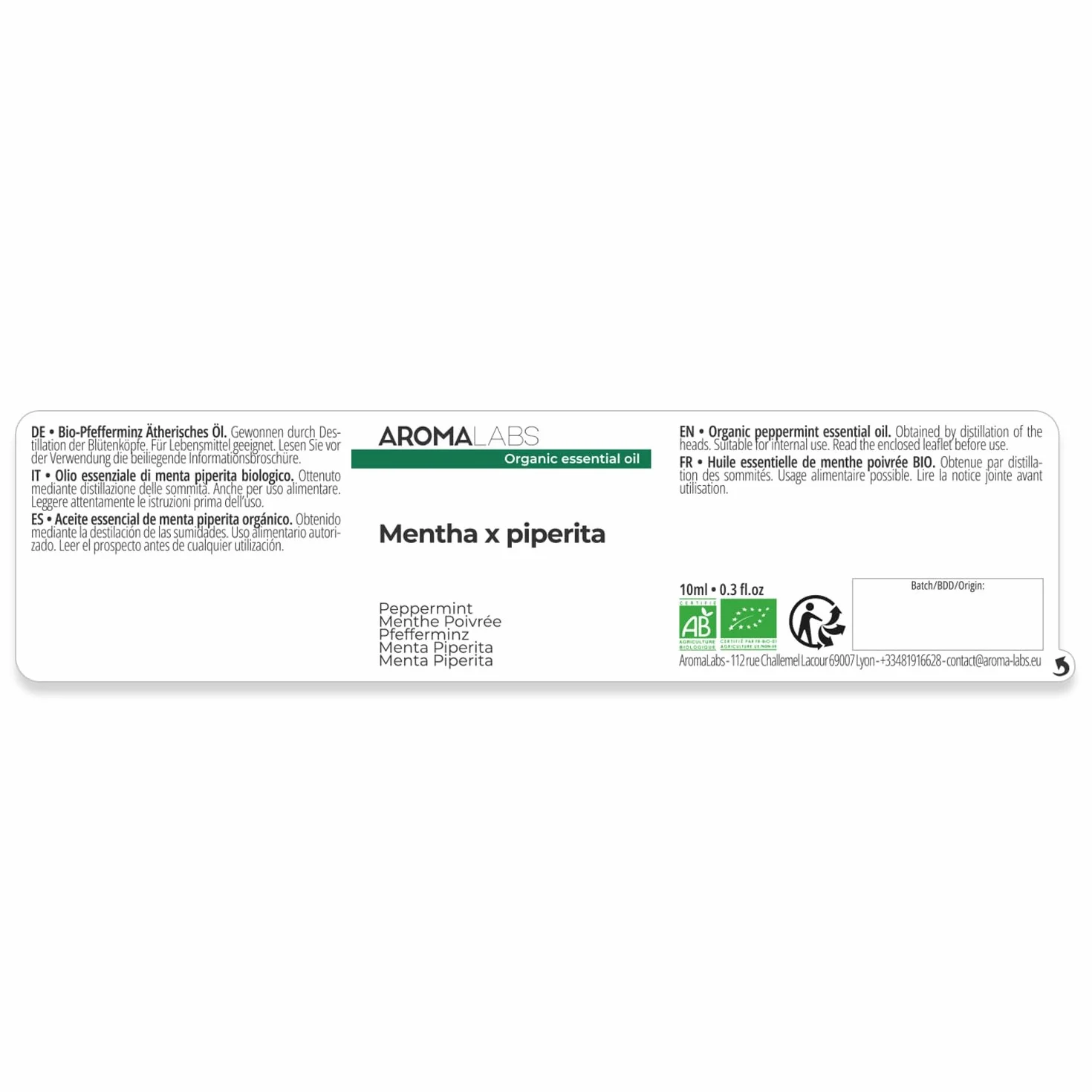 Olio Essenziale Menta Piperita BIO Chemiotipizzato 10 mL Aroma Labs Made in France