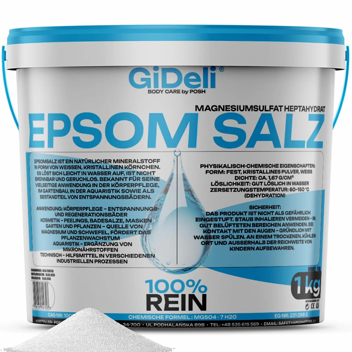 GiDeli Sali Epsom 1 kg in secchio - Sale Epsom per rilassare pediluvio e peeling corpo - Rigenerante sale da bagno per i muscoli - Con magnesio, adatto anche per la cura del giardino