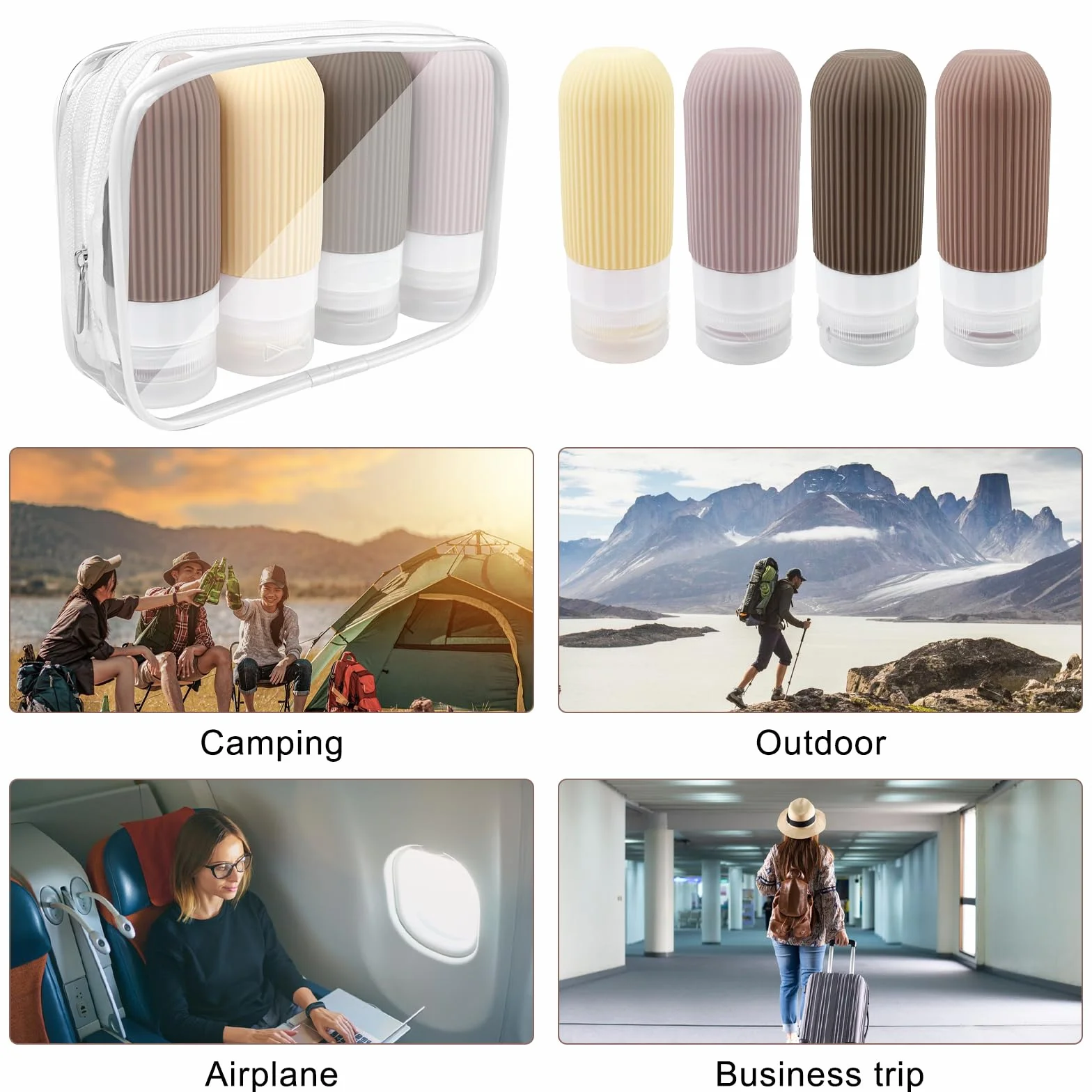 Newpop Contenitori da Viaggio Per Liquidi(4Pcs), Kit Bottigliette Aereo Prodotti Igiene Travel, 4 Pezzi Flaconi in Silicone 100 ml Set, Bagno Boccette Contenitore Bottiglie Shampoo da Viaggio