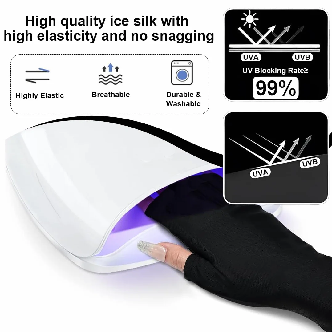 Guanti U V per Unghie in Gel, Anti UV, UPF200+, Guanti per Manicure, Guanti senza Dita Anti UV, per Manicure, Asciugatrice, Cura della Pelle delle Unghie, Fingerless, per la Casa, Outdoor (Nero)