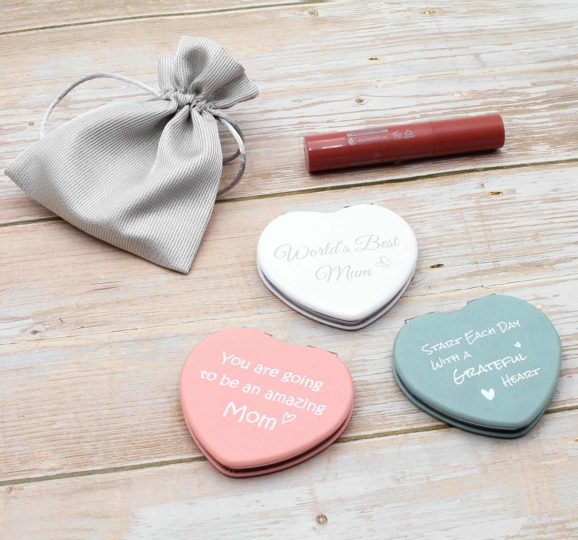 Specchietto Compatto Cuore Personalizzato Mirror Specchio Trucco da Borsa con Testo Rosa