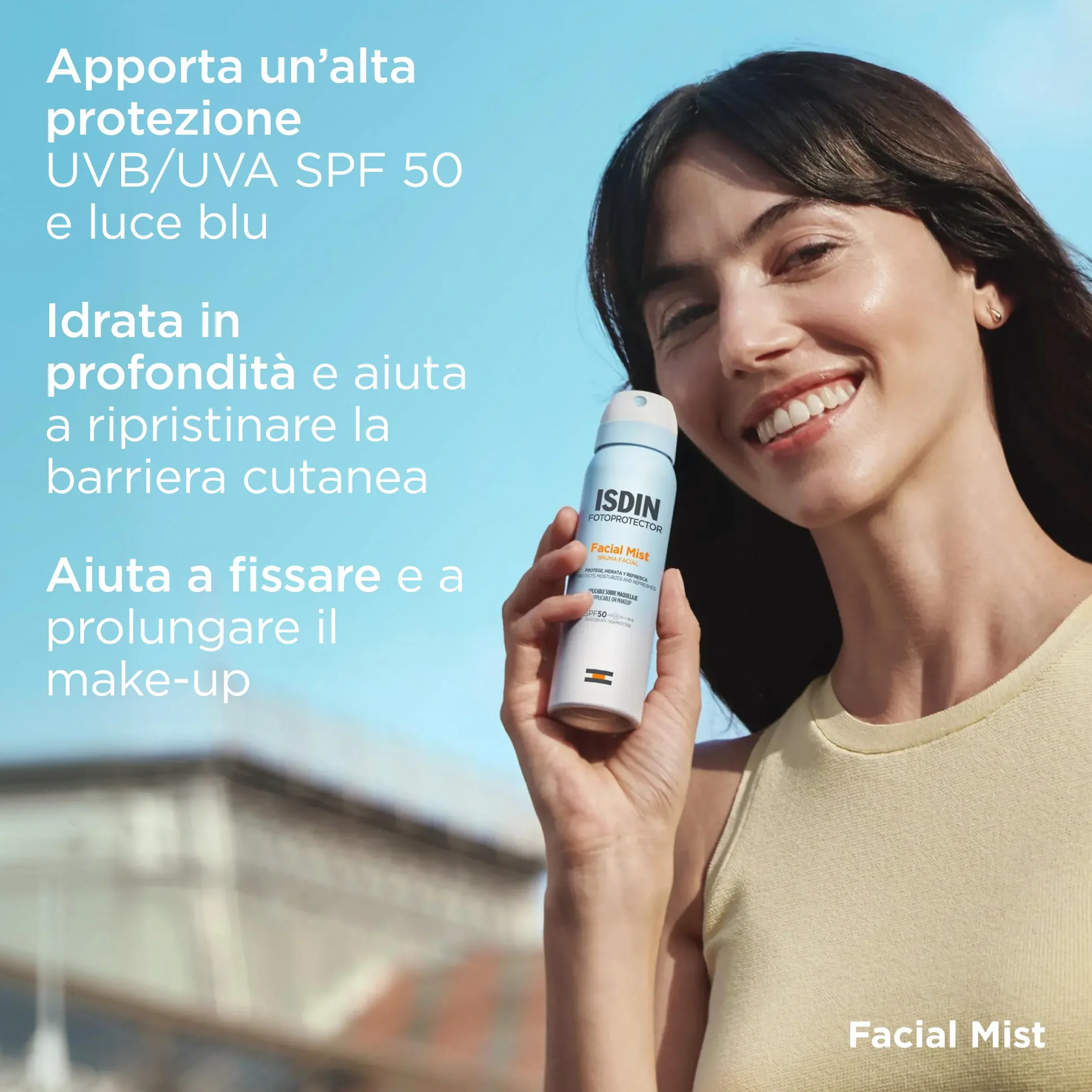 ISDIN Facial Mist SPF 50 100 ml Nebbia Solare Viso Protegge Idrata Fissa Trucco Resistente all'Acqua