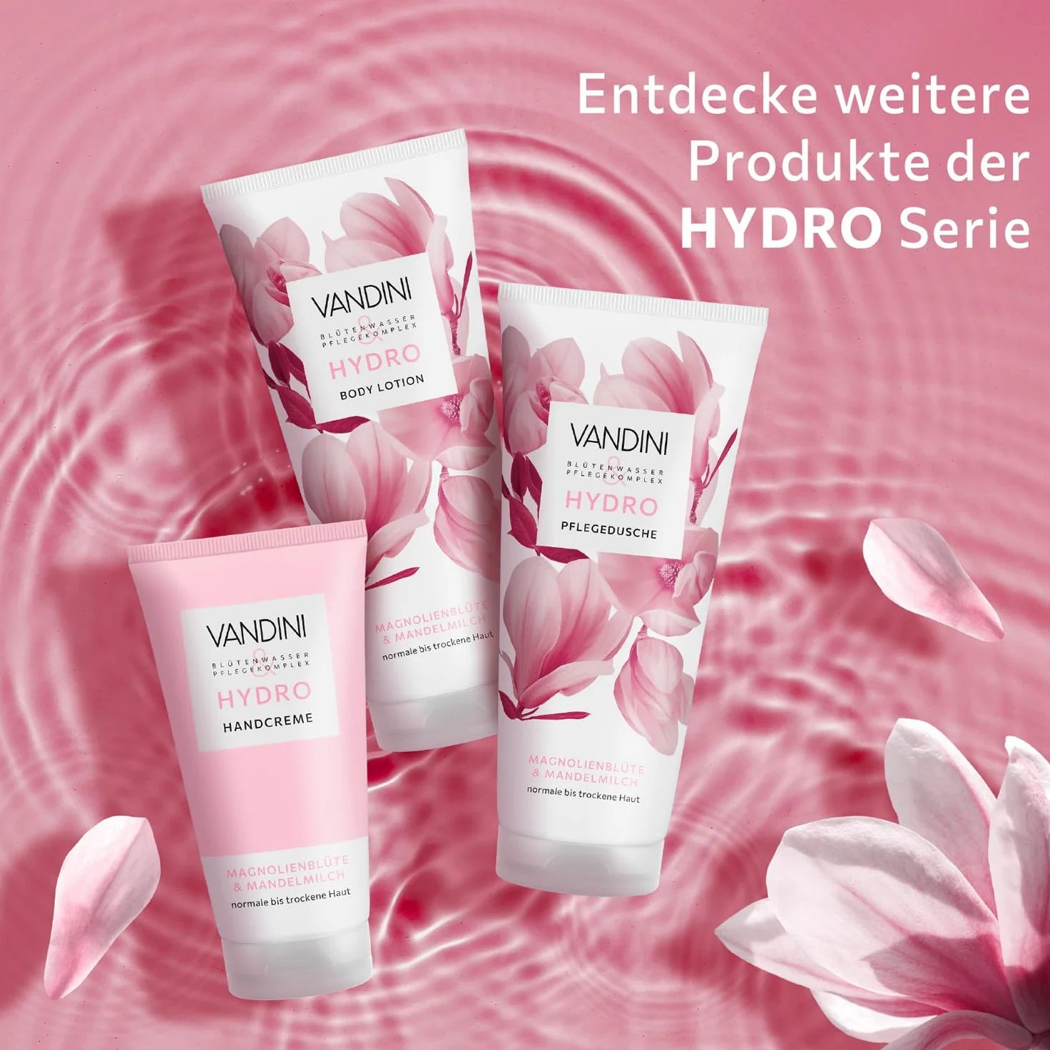 VANDINI HYDRO - 6 creme per le mani da donna, 75 ml, con fiori di magnolia e latte di mandorle, crema nutriente per le mani per pelli normali e secche, vegana, senza parabeni e siliconi, Made in
