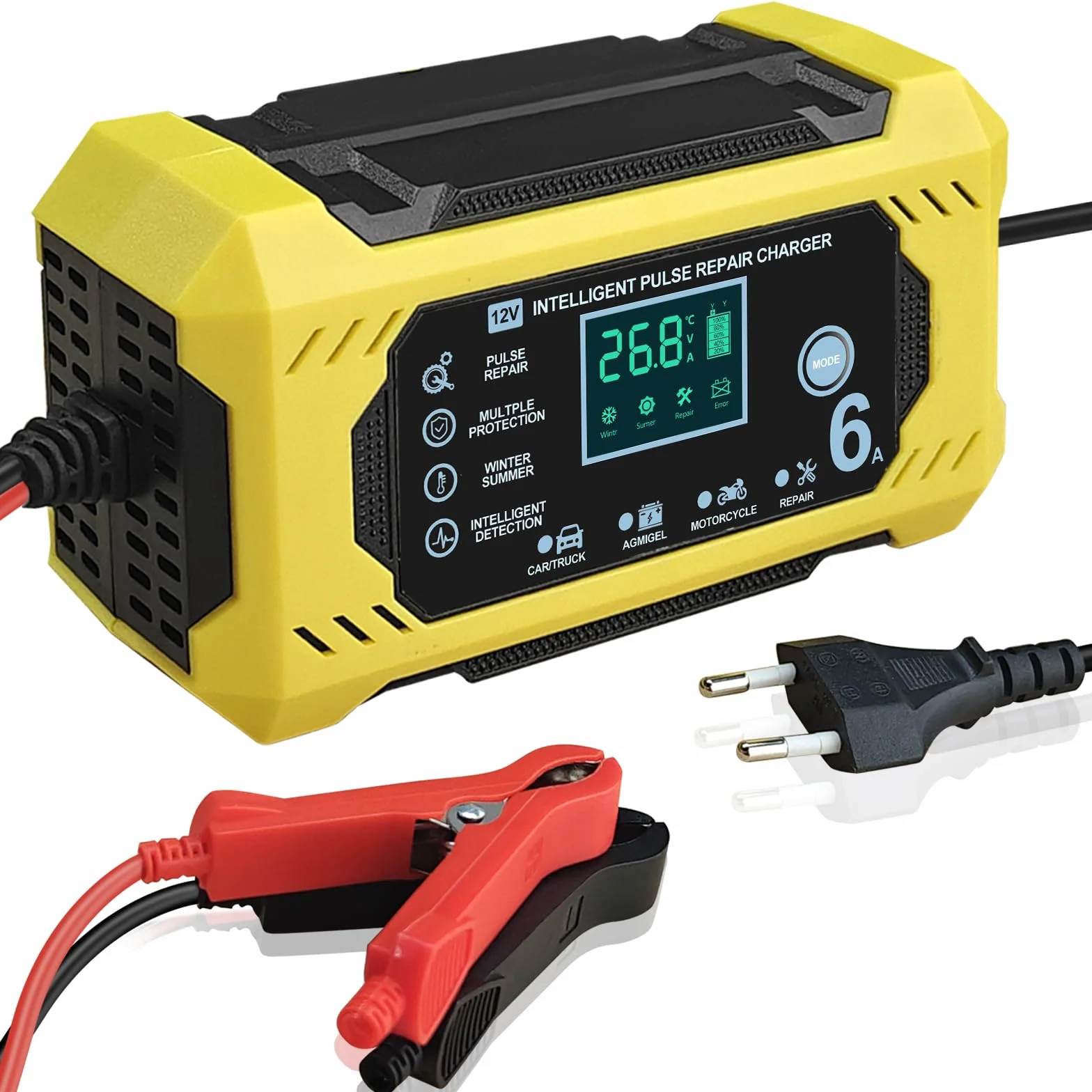 Carica Batteria per Auto 12V 6A Caricabatterie Intelligente con Schermo LCD Touch Screen Rilevamento Automatico Riparazione Manutenzione