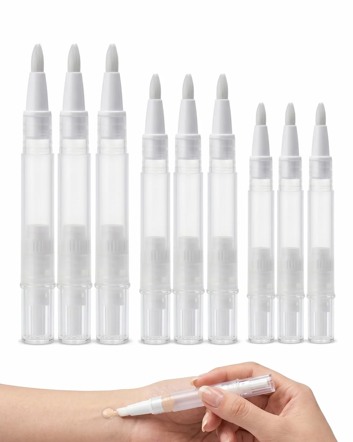 TISCH Penne Applicatore Ricaricabili 9pz, Trasparenti con Pennello (2ml, 3ml, 5ml, 3 pezzi ciascuno) per Olio Cuticole Unghie, Siero, Fondotinta e Gloss Labbra
