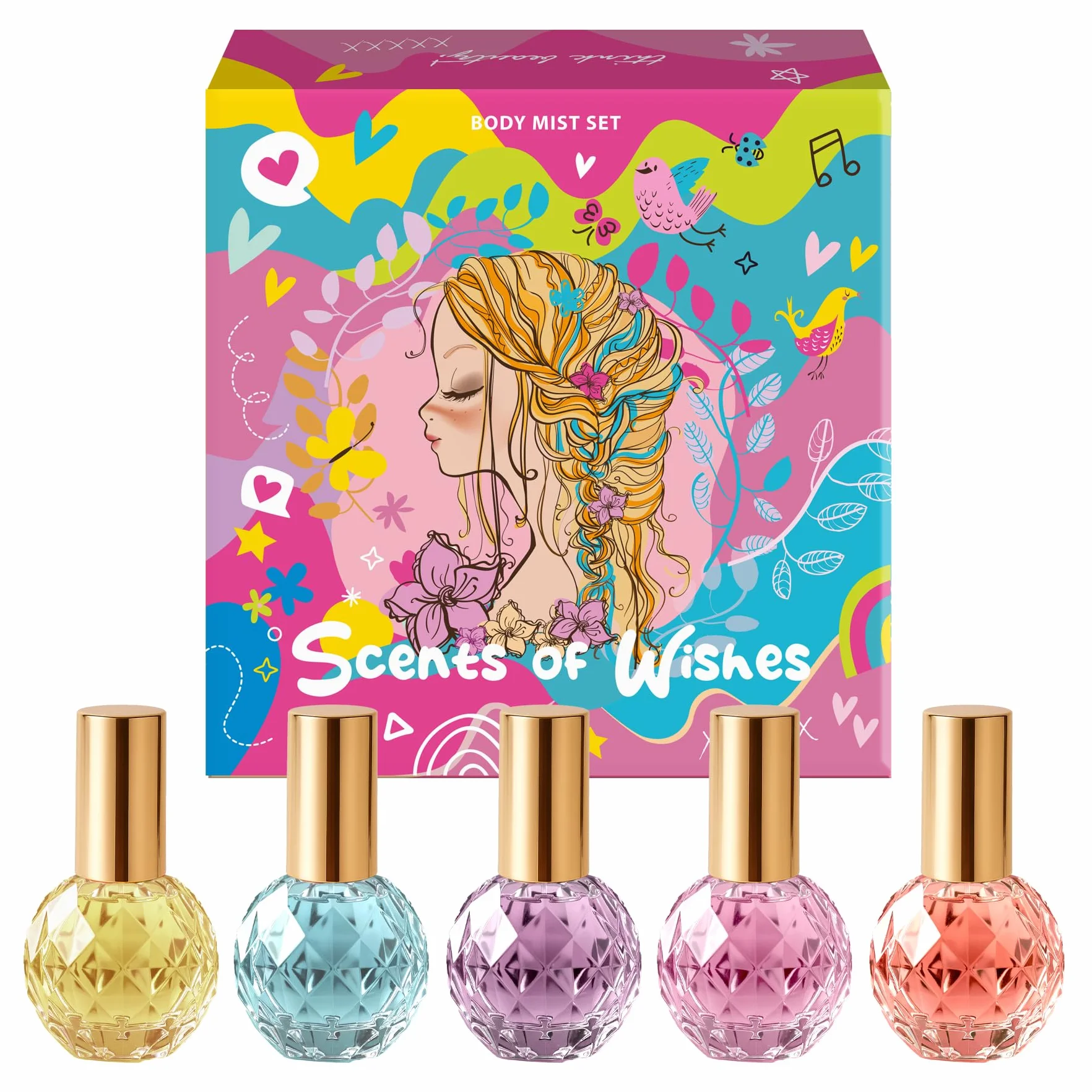 Set di Body Mist Ragazze Scents of Wishes 5 Flaconi Vetro Forma Diamante Profumi Esclusivi Bacche Frutti Agrumi Tropicale Floreale