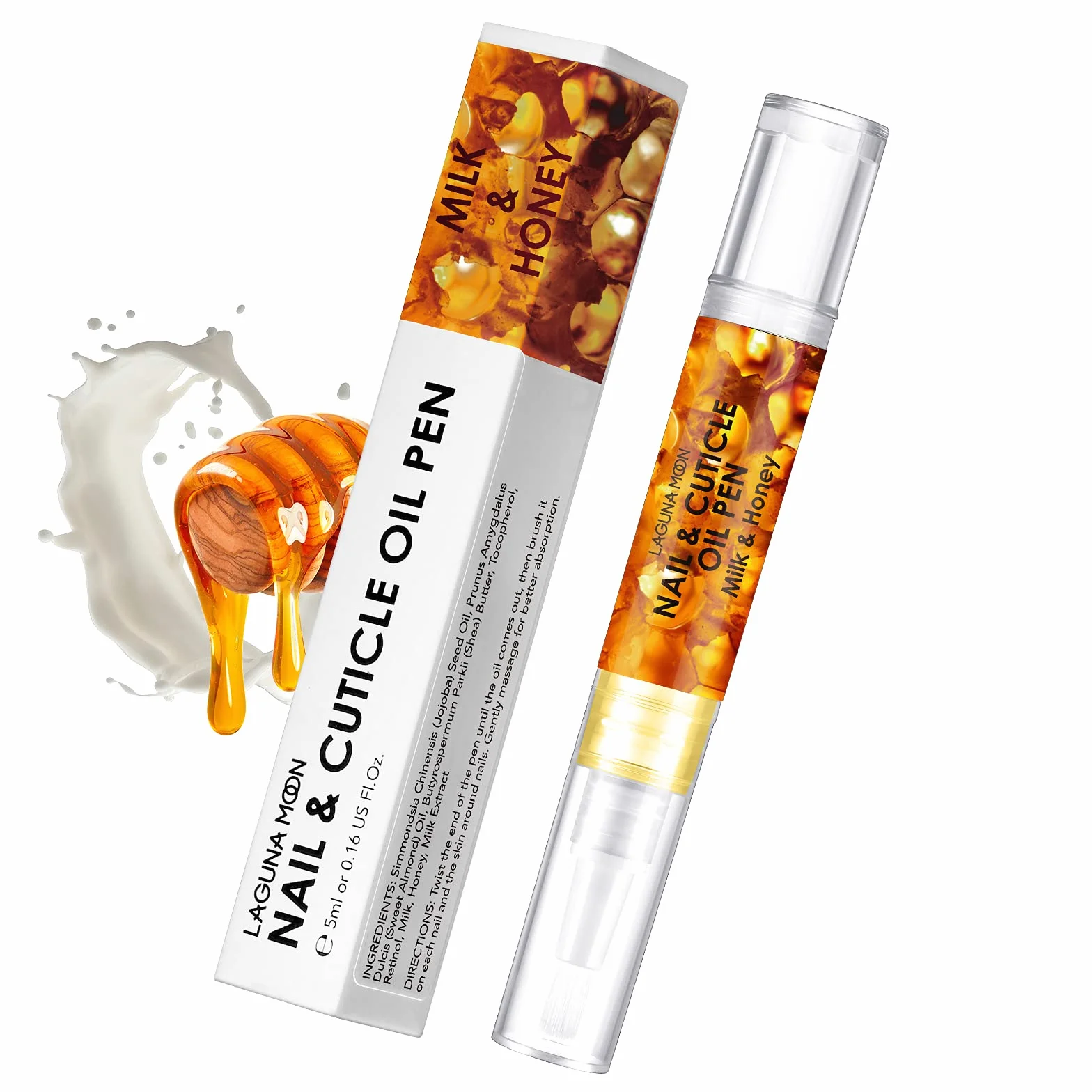 Lagunamoon - Penna a olio per cuticole per la cura delle unghie, 5 ml, con ingredienti naturali per idratare e nutrire unghie, per prevenire screpolature delle unghie, nocciole, latte e miele
