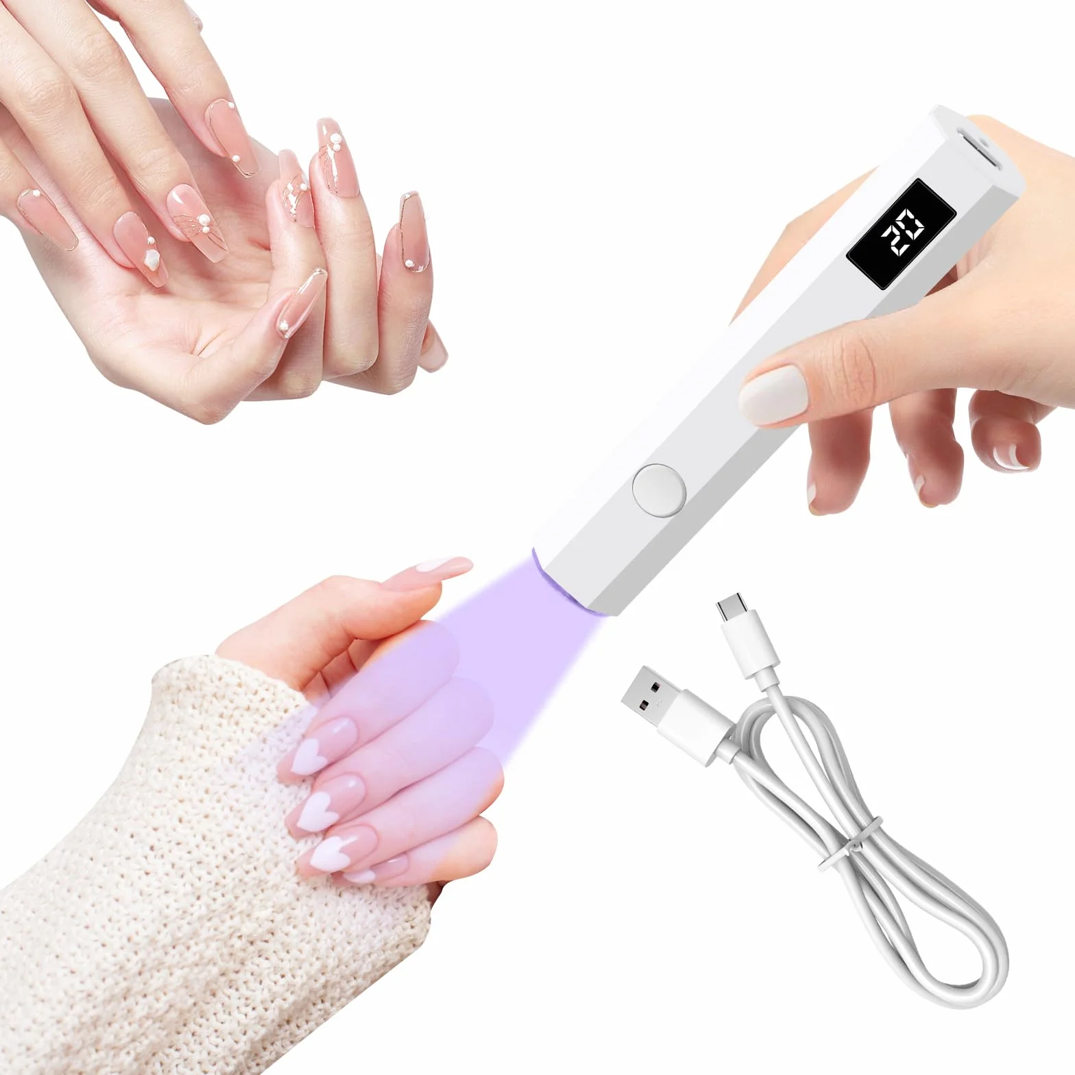 MXTIMWAN Lampada per unghie, UV portatile et ricaricabile, luce a mano per unghie in gel, con 2 timer 20/60S, per manicure, in resina di estensione del gel fai da te nail art bianco
