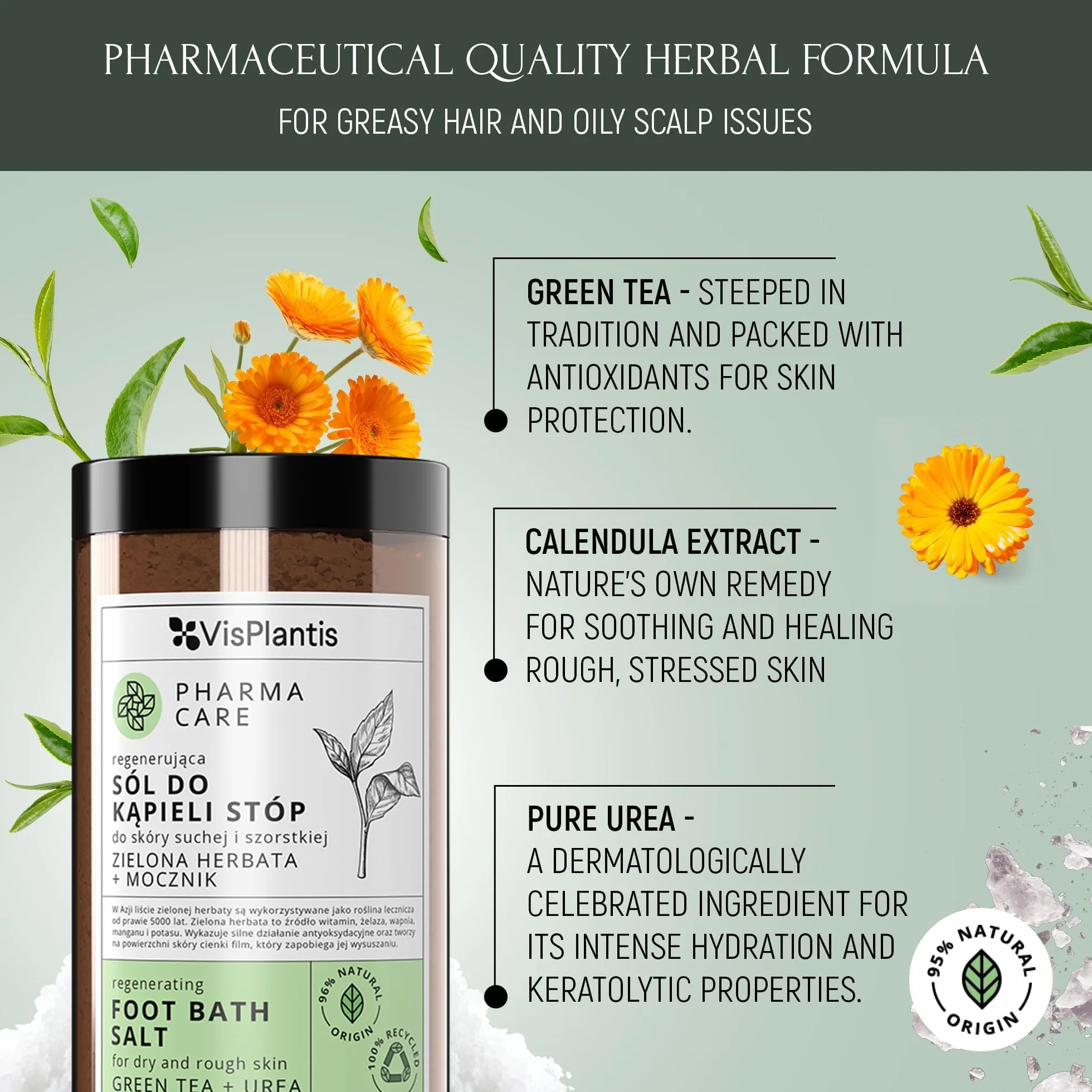 Vis Plantis Sale per Pediluvio con Tè Verde, Urea e Calendula 560 g – Sali da Bagno per Piedi con Pelle Dura e Calli, Pediluvio Rigenerante per Piedi Stanchi e Gambe Pesanti, Idratante e Deodorante