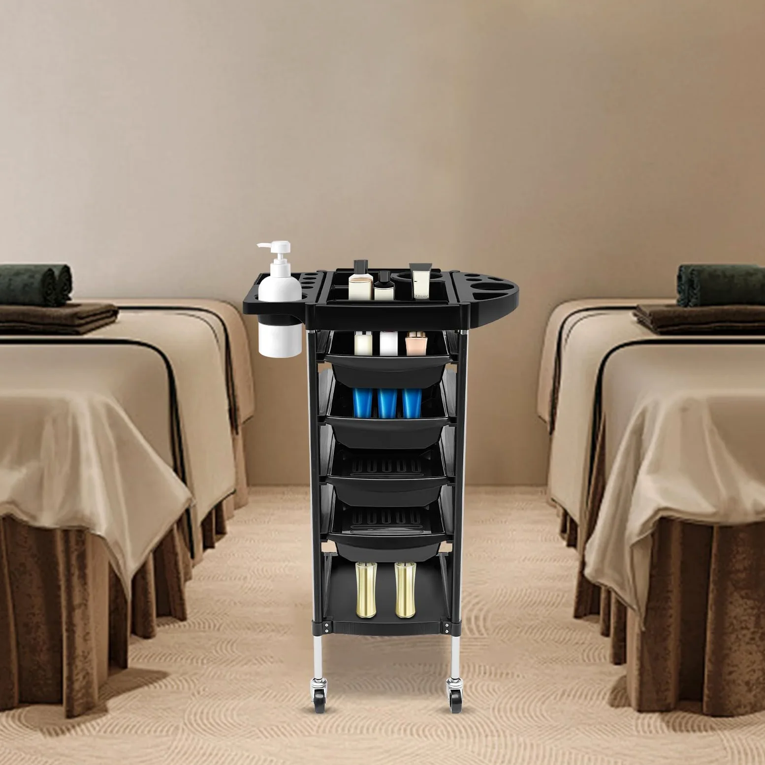 Carrello da Parrucchiere a 6 Ripiani con Ripiani estensibili Professionale con 4 cassetti e Ruote silenziose per Centri estetici e Centri estetici (34 x 37 x 88 cm)