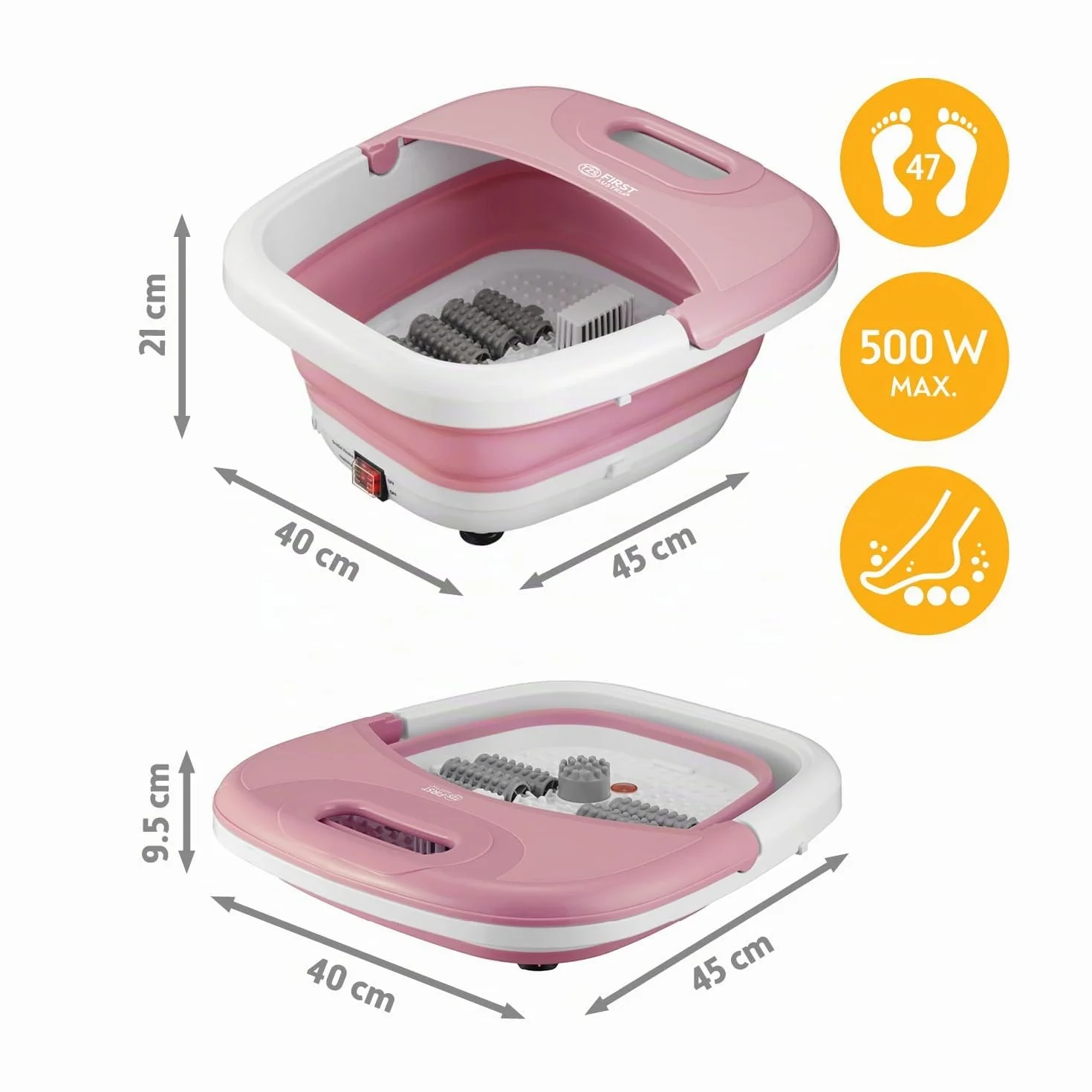 TZS First Austria - Idromassaggio Plantare 500W - Massaggiatore piedi con 3 accessori & 8 rulli - Massaggio a vibrazione & bolle d'aria, infrarossi & riscaldamento - Pieghevole fino al 47 - Rosa