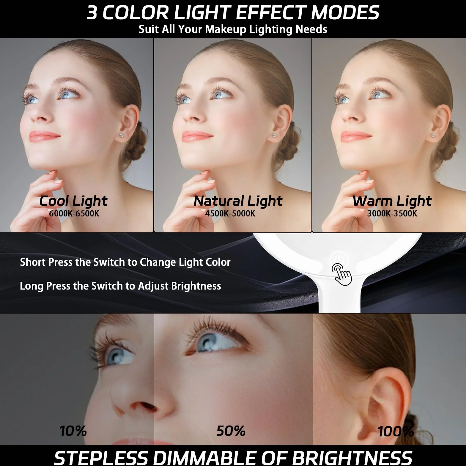 Specchio a Mano con Luce, Specchio da Trucco Ricaricabile Portatile, Interruttore Tocco, 3 Colori Chiari