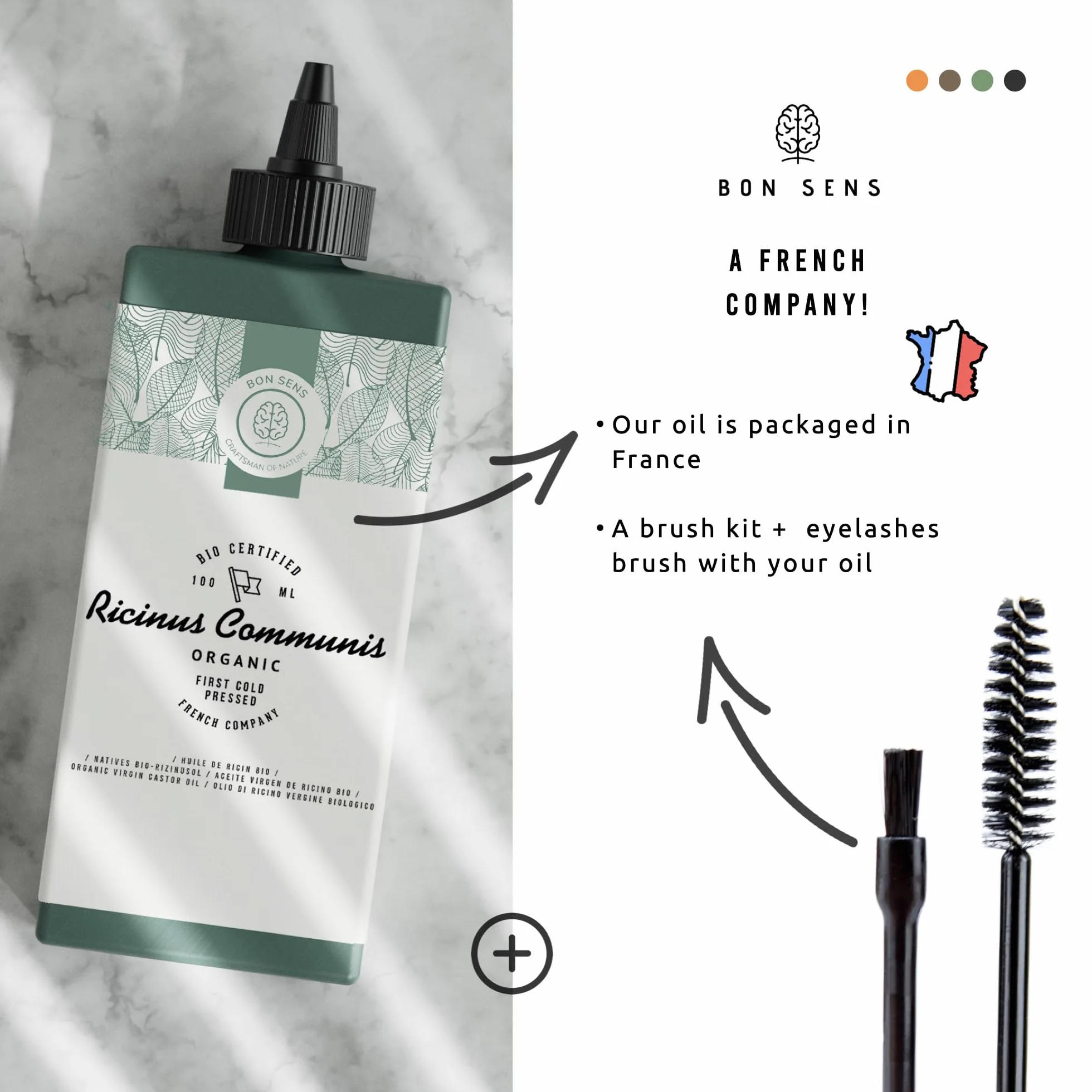 100ml Olio di Ricino Biologico + Set di Pennello e Spazzola + Tappo Dosatore - 100% Puro, Naturale, Pressato a Freddo - Olio di Ricino per Capelli, Ciglia, Sopracciglia, Barba - Castor Oil
