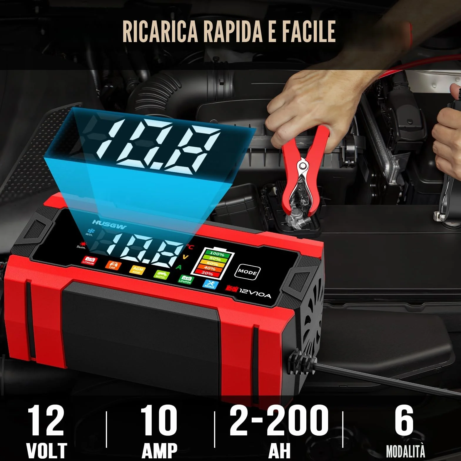Caricabatterie LiFePO4 12V 10A per Auto Moto AGM GEL Wet SLA Rosso