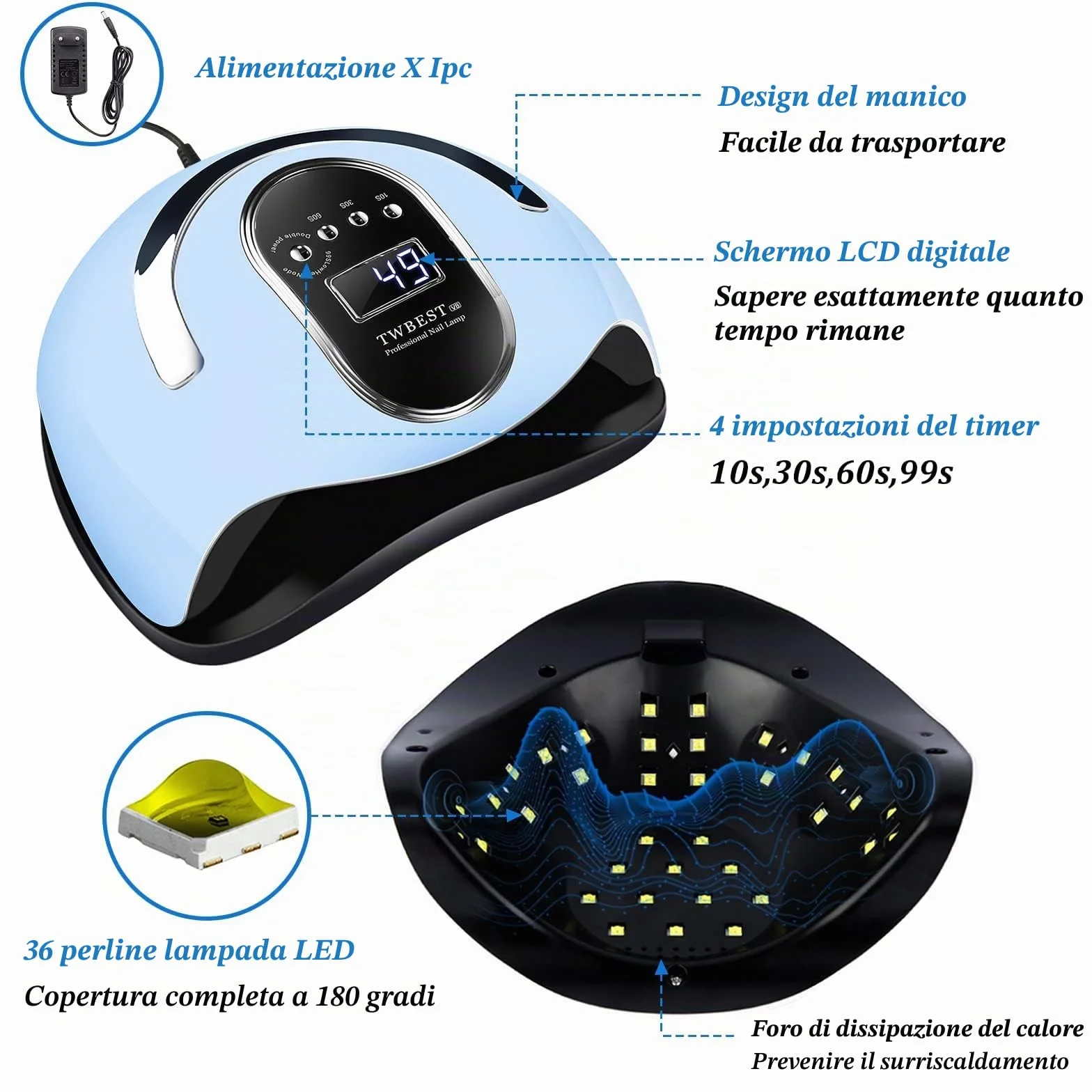 Lampada UV LED per Unghie 168W con 4 Timer 10/30/60/99s e Sensore LCD