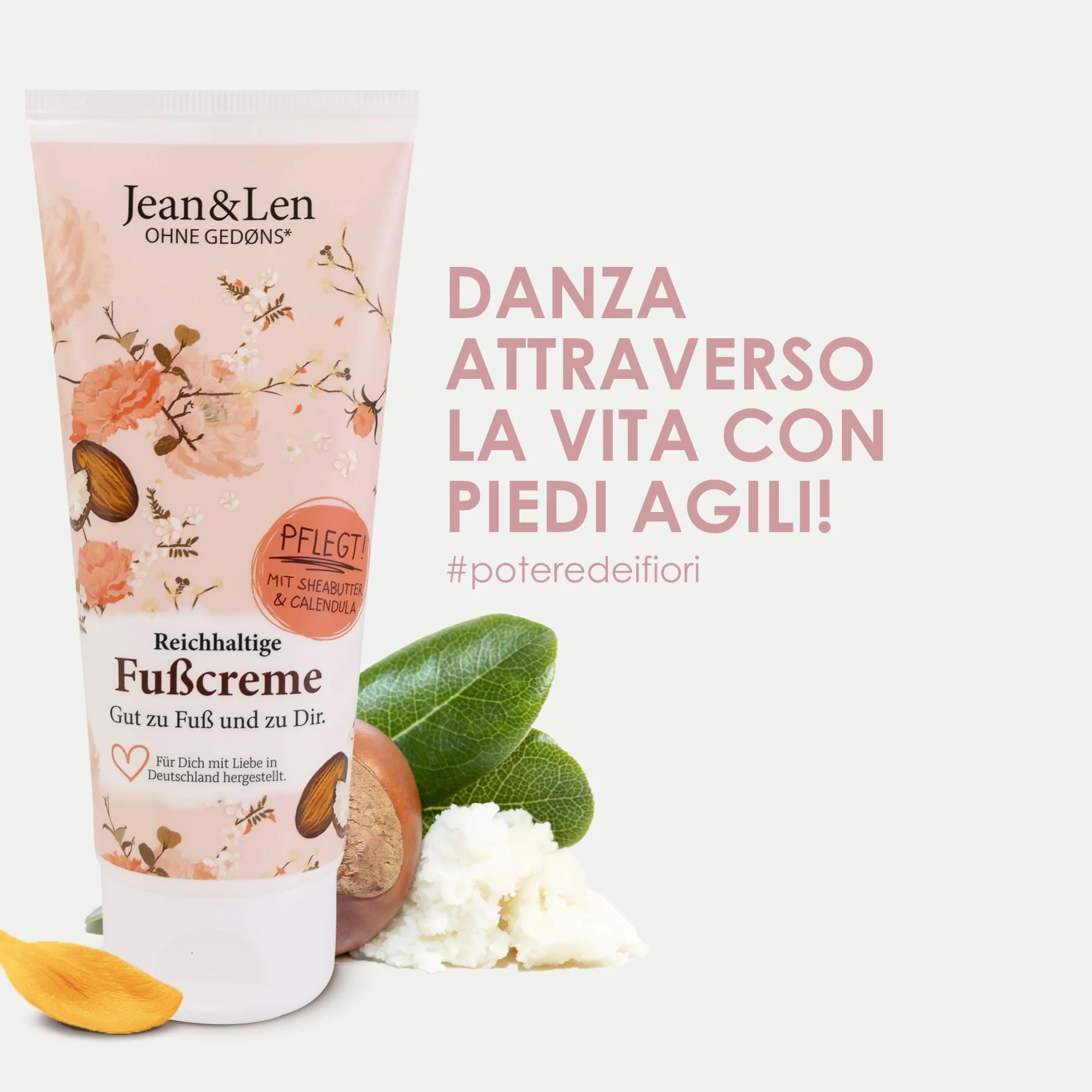Jean & Len crema piedi burro di karité e calendula, per pelle secca e stressata, cura a fondo e rende i piedi morbidi, profumo rosmarino e zenzero, Foot Cream, senza parabeni e siliconi, 100 ml