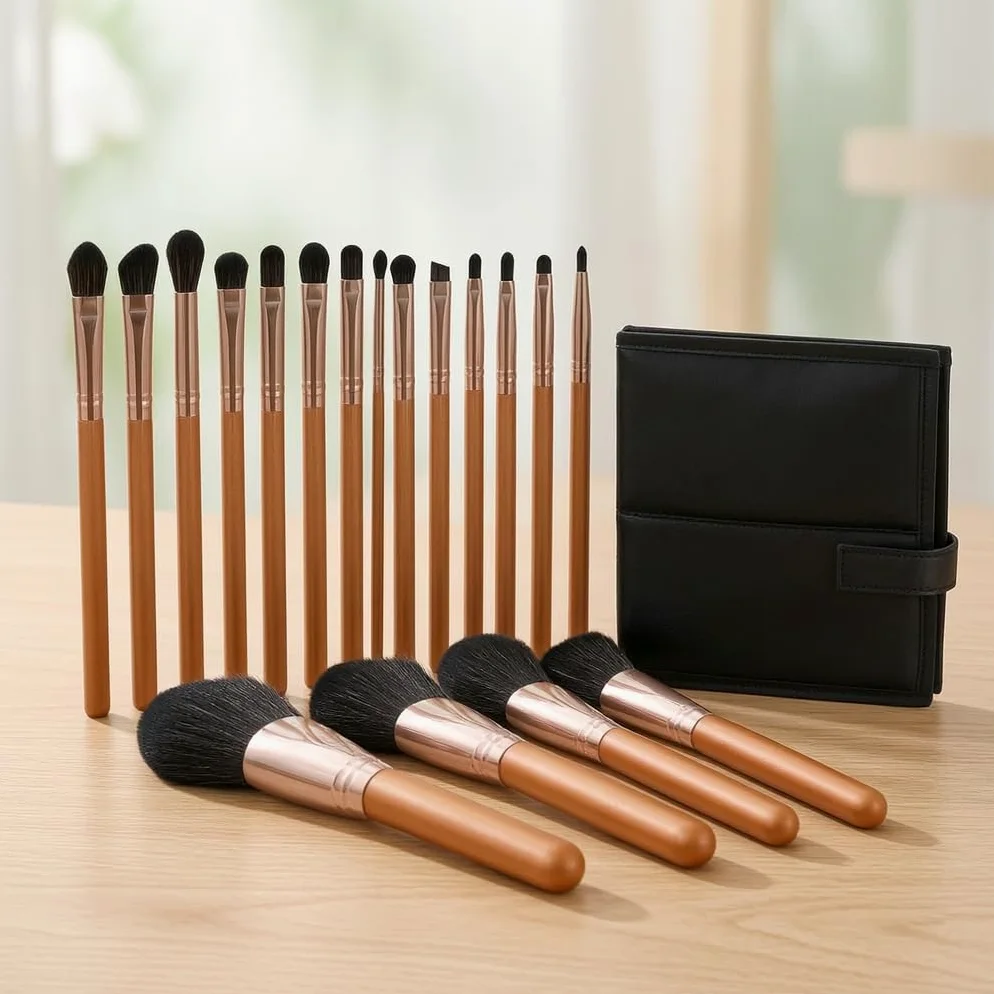 Set Pennelli Trucco 17 Pezzi, Manico, Fusto in metallo, Pennelli Trucco Oc, Sfumature, Per Estetiste, Set di 17 pennelli per trucco rosso acero con borsa pieghevole nera con coulisse