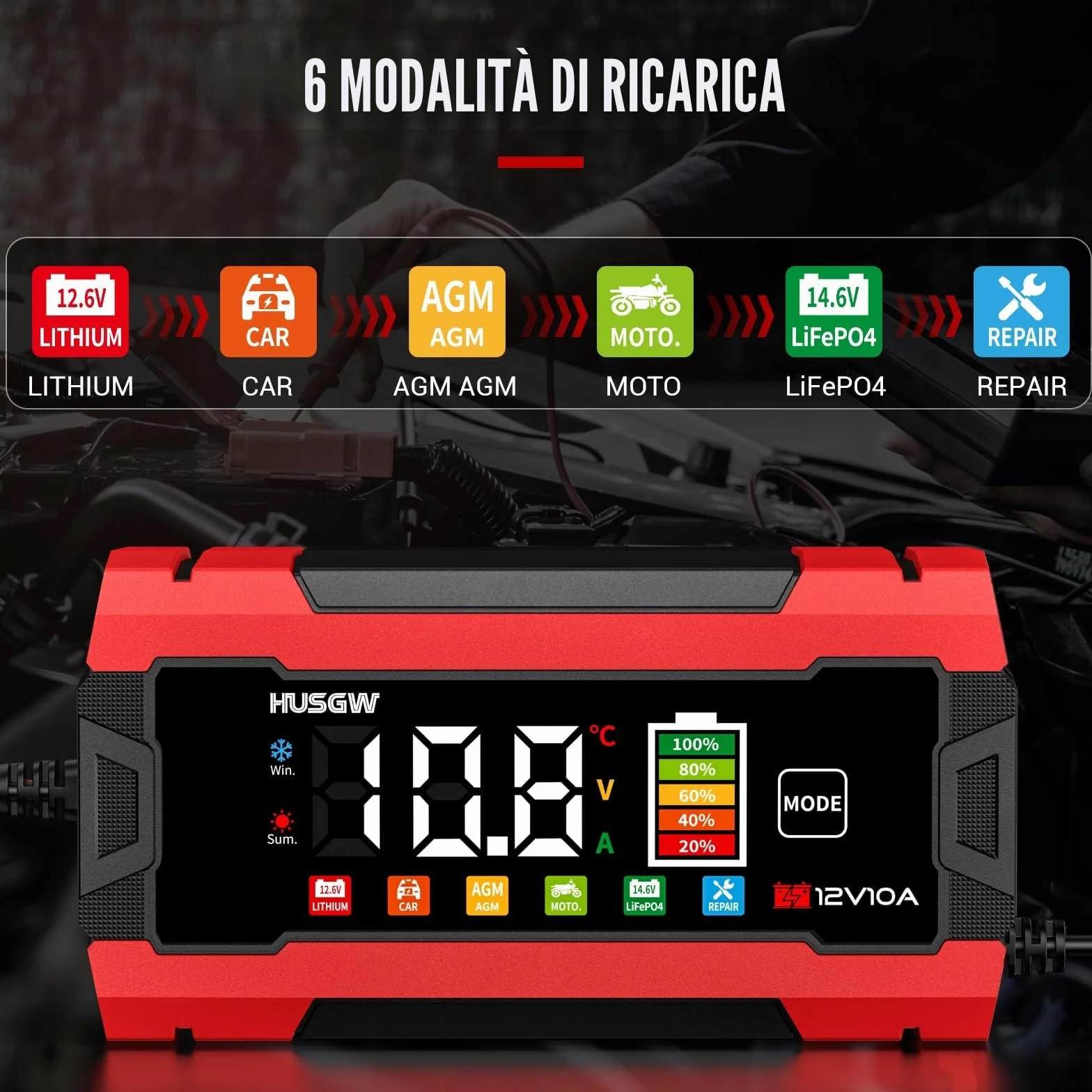 Caricabatterie LiFePO4 12V 10A per Auto Moto AGM GEL Wet SLA Rosso