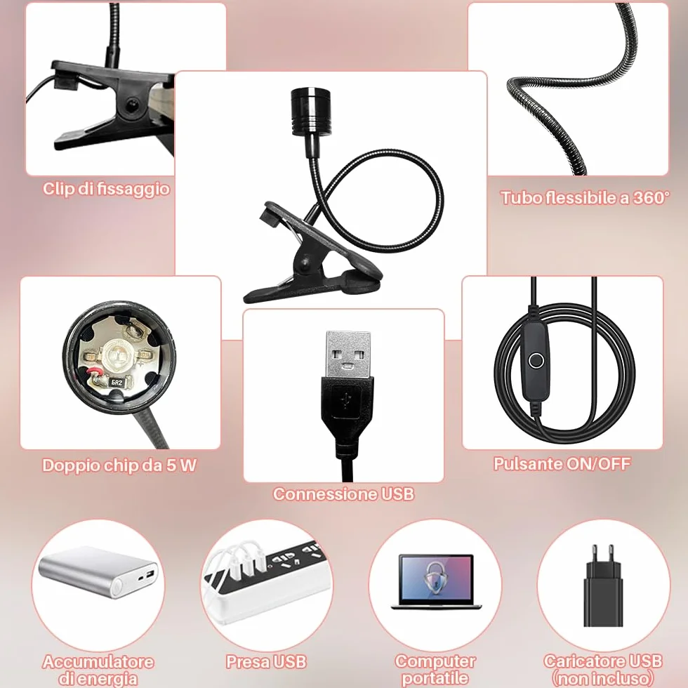 Lampada Unghie LED UV Professionale,5W Lampada a LED UV per Manicure,Mini Lampada UV professionale per Asciugatura Unghie a Clip,Lampada UV per Colla,Unghie Finte,Gel Ricostruzione Unghie