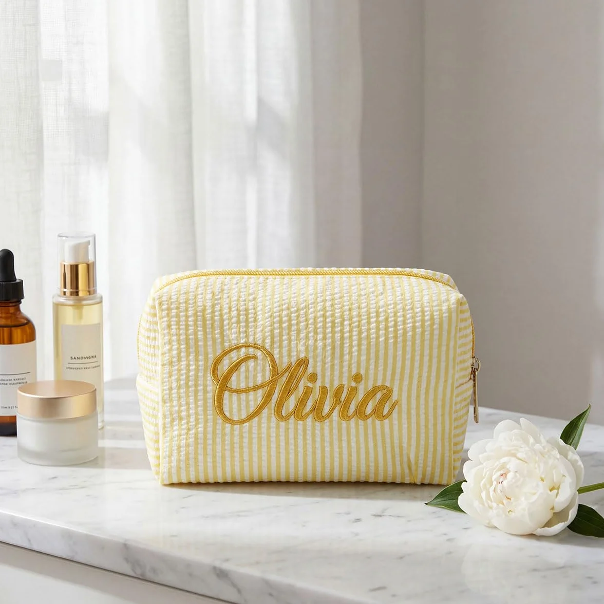 Personalizzato Ricamato Seersucker Makeup Bag, Sacchetto Cosmetico a Righe, Borsa da Toilette Leggera di Viaggio Grande Capacità