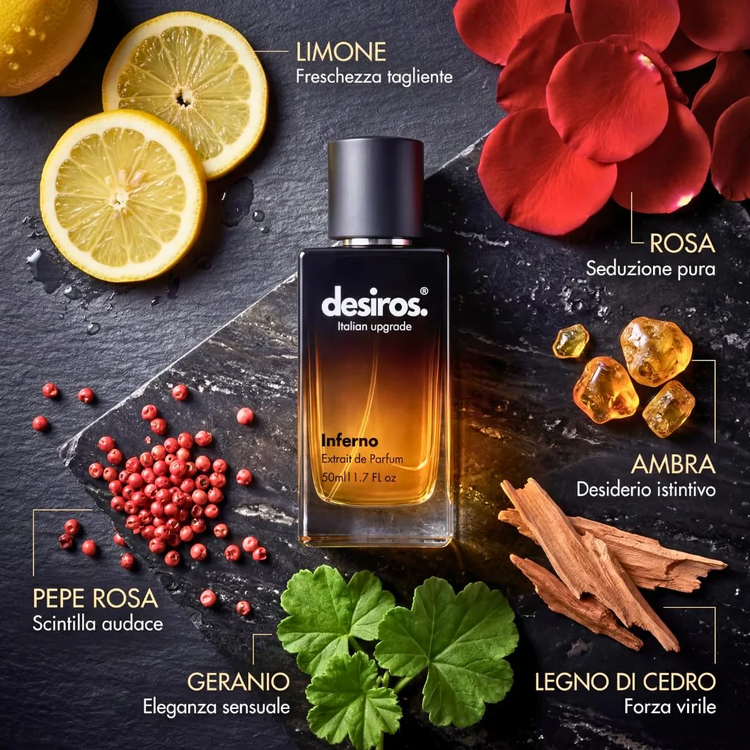 Desiros Inferno Estratto di Profumo Uomo 50ml 25% Oli Essenziali Note Agrumate Fresche Legnose
