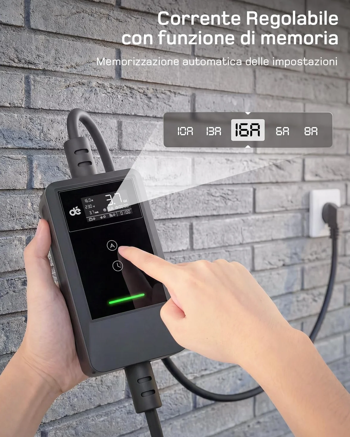 Carichino Auto Elettrica Portatile Tipo 2 Schuko 3,7kW 7m 6–16A LCD Caricatore EV PHEV