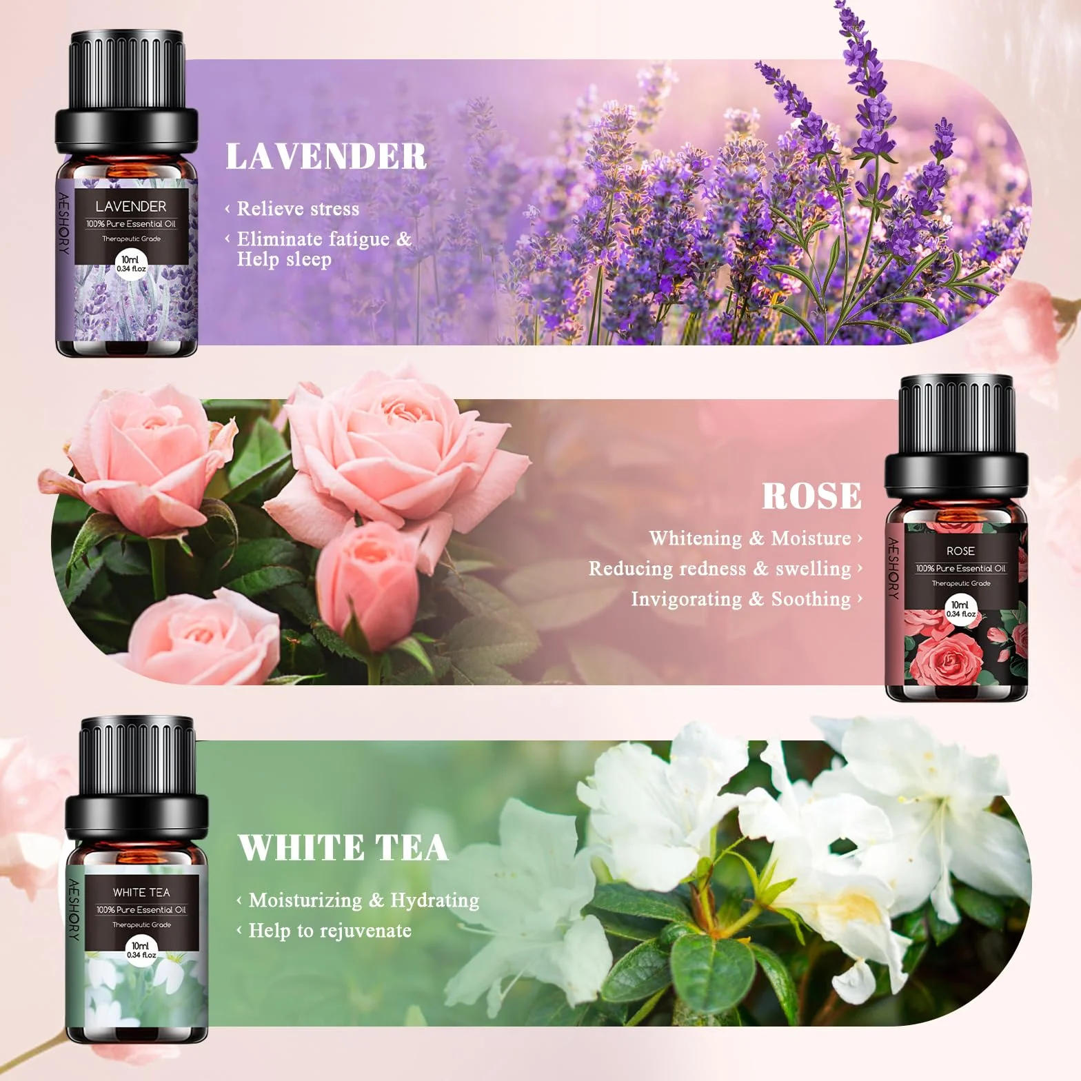 AESHORY Set Olio Essenziale 6 x 10ML Aromaterapia Naturale Lavanda Rosa Tè Bianco Fiori di Ciliegio Gelsomino Ylang Ylang