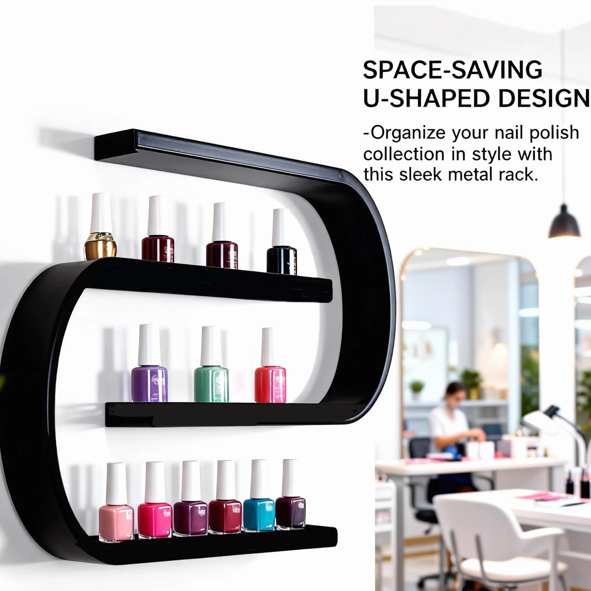 Organizzatore per Smalti da Parete, Mensole Sospese in Metallo A Forma di U, Scaffali Multifunzionali per L'Esposizione di Smalti, Ideali per La Casa, Il Salone di Bellezza O Il Negozio,Nero