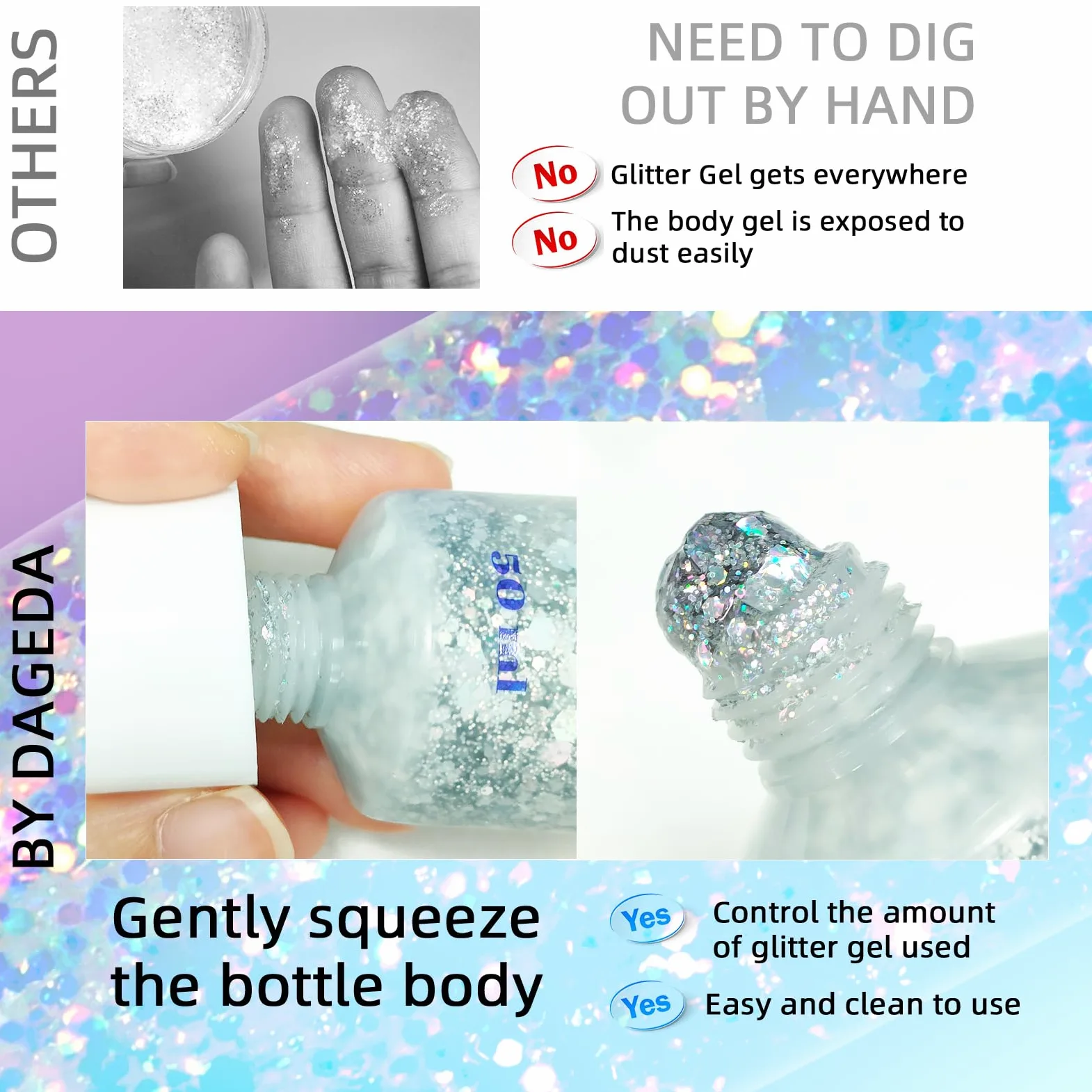 DAGEDA Silver Holographic Body Glitter Festival Makeup Face Glitter per Accessori Rave Ombretto Shimmer, Cosmetici, Lucido Corpo Shimmer Capelli Glitter Gel