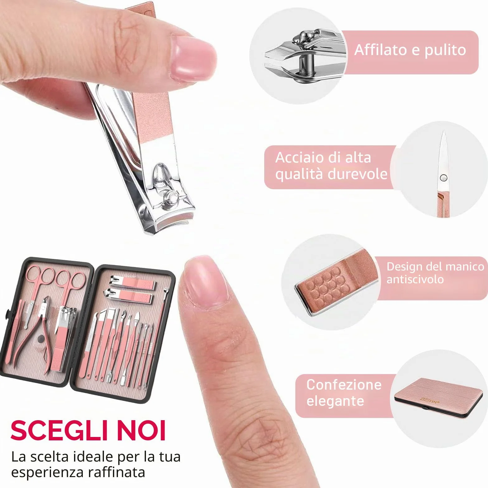 ZIZZON zestaw do manicure 18 w 1 profesjonalny do pedicure z etui podróżnym różowy