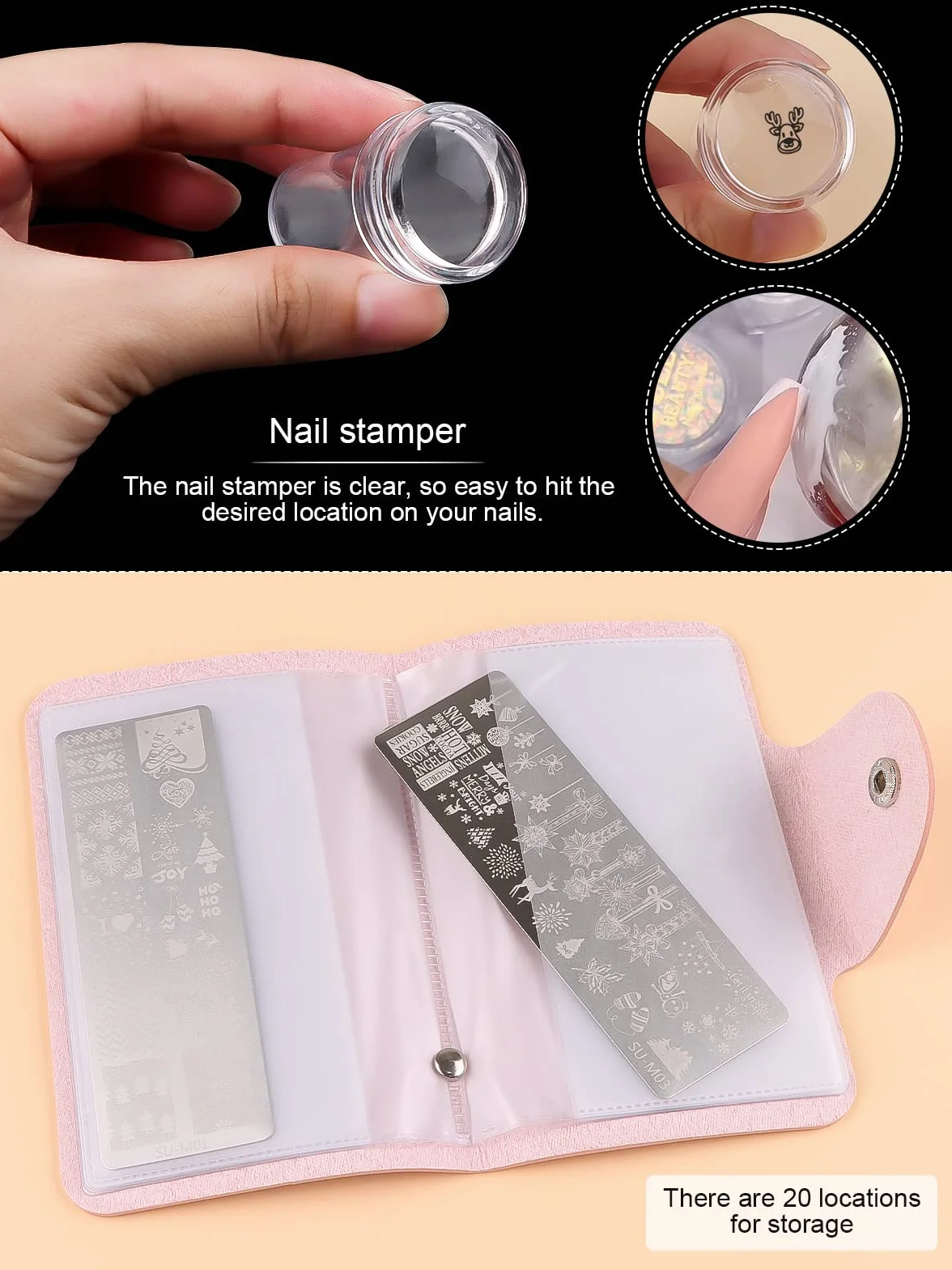 EBANKU 6 pezzi Set di Nail Art Stamping Stampini, Piatti per Timbri per Unghie Renna Fiocco di Neve Albero di Natale Disegni Manicure con 1 Timbro + 1 Raschietto + 1Borsa Portaoggetti